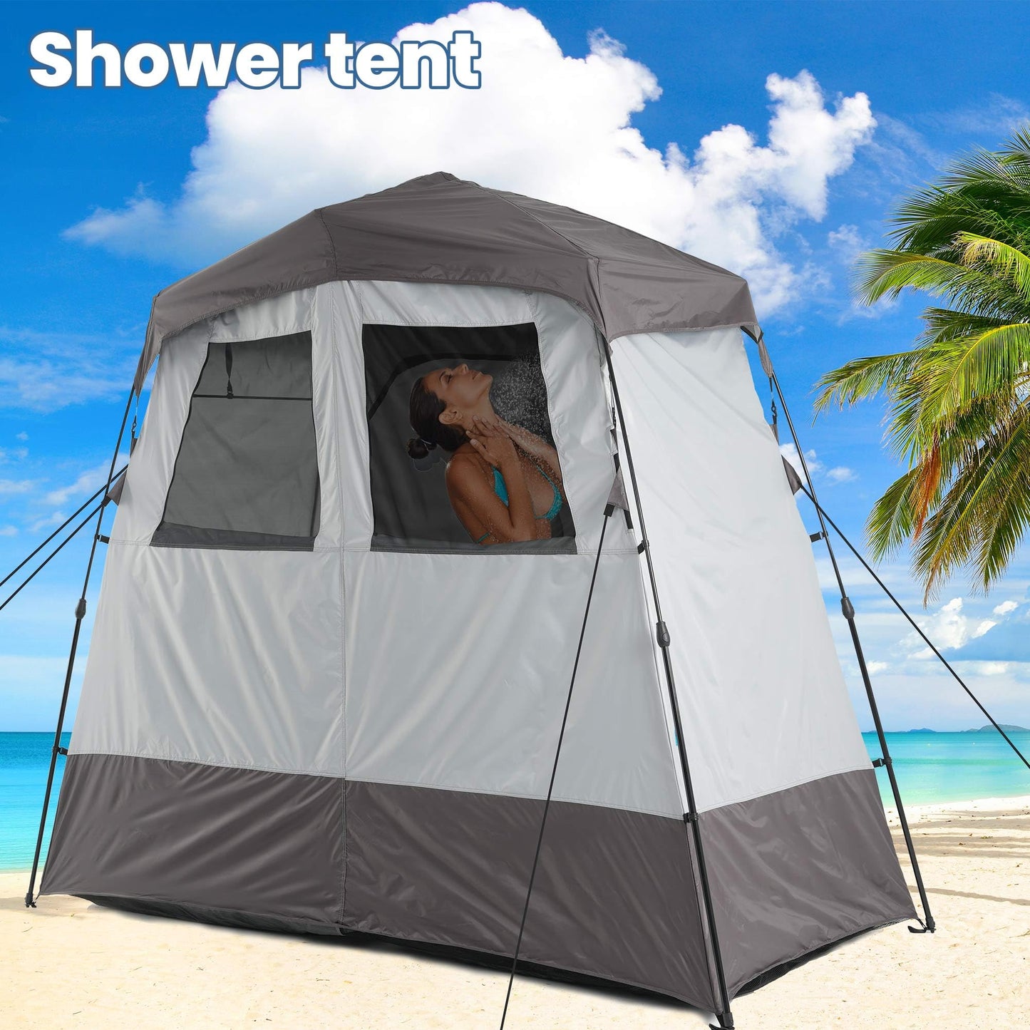 Porayhut Portable Camping Shower Tent Deluxe Changing Room Easy Set Up Privacy Shelter,Large Toilet Tent 2 Rooms with Floor Drain Design for Beach, Camping,Hiking with Stakes and Ropes for Stability