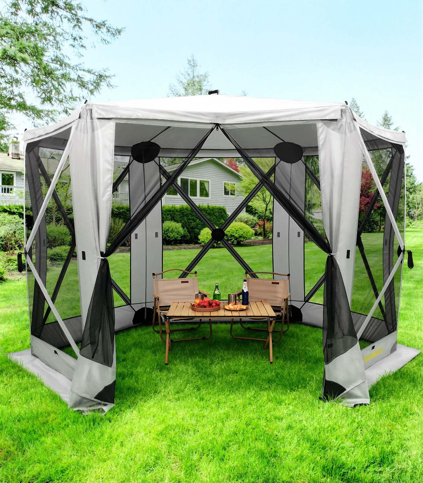 Raynesys 6 Sided Pop Up Gazebo Tent, Outdoor Gazebo with 6 Removable Wind Cloths, Pop-Up Canopy Shelter with Mesh Windows, Quick Set, 12x12 Feet Space, Camping Screen Tent for 8-12 Person Foldable