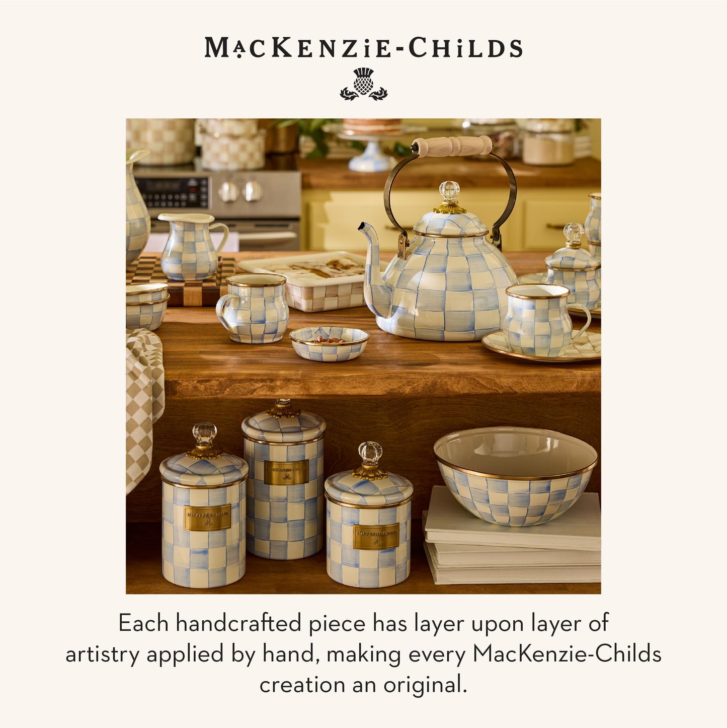 MACKENZIE-CHILDS Enamel Canister, Kitchen Storage Container with Lid, Medium, 48-Ounce Capacity, Light-Blue-and-White Sky Check