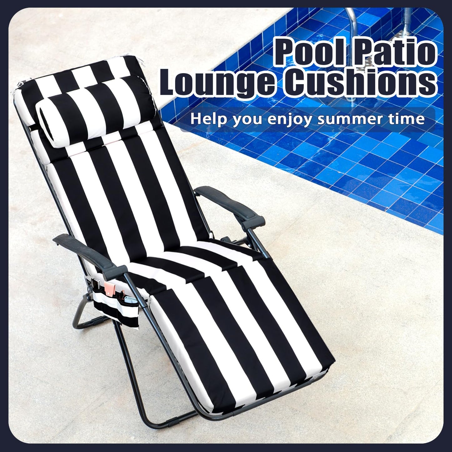 Wenqik 2 Pcs Outdoor Chaise Lounge Cushion with Pillow and Side Pocket Waterproof Lounge Chair Cushions with Pocket on Back 72 x 21 x 4 Inch Patio Replacement Pad for Pool Furniture(Black and White)