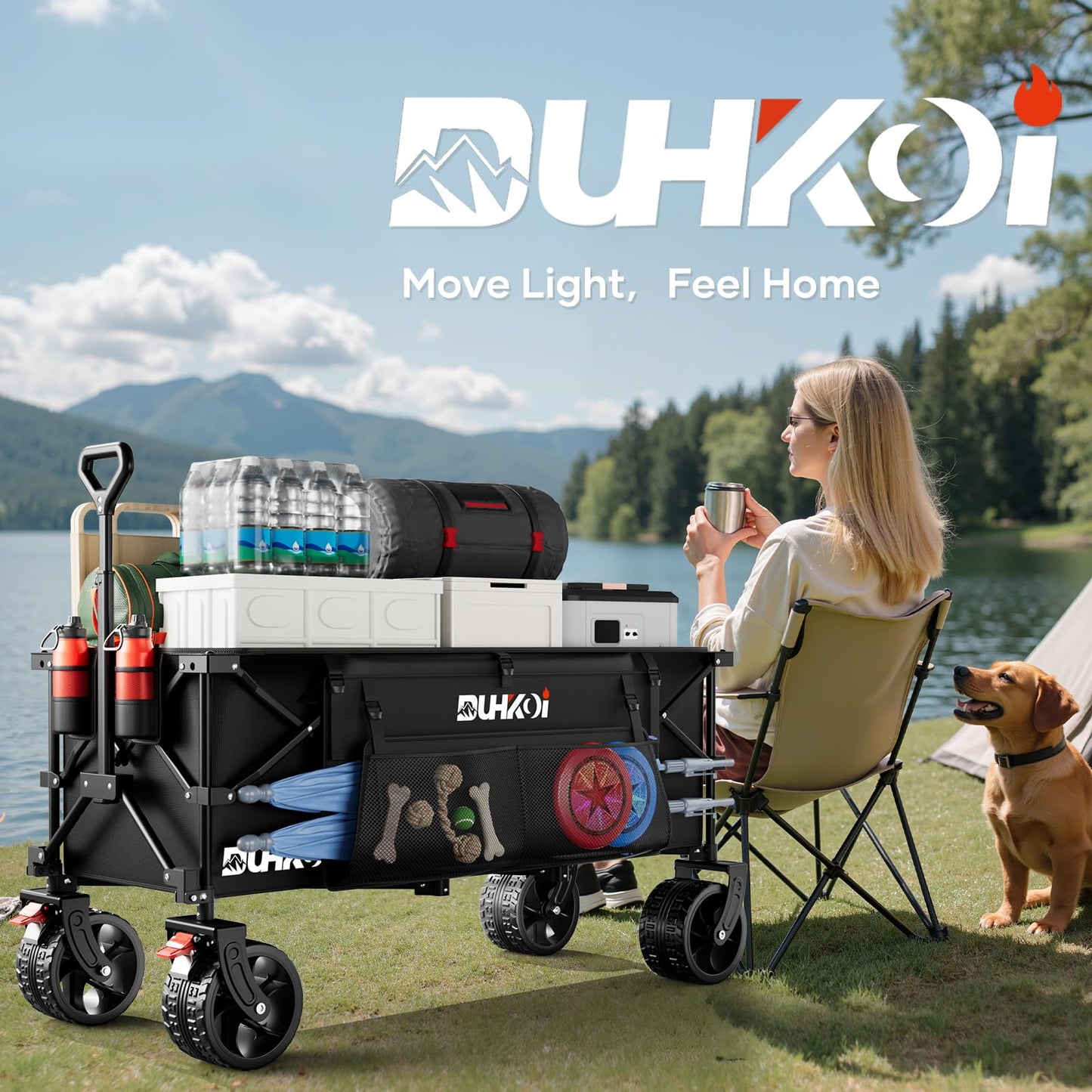 49" L Collapsible Extended Wagon with 500lbs Weight Capacity,300L Heavy Duty Sports Wagon,Big All-Terrian Wheels with Cup Holders,Cart for Sports,Grocery,Shopping