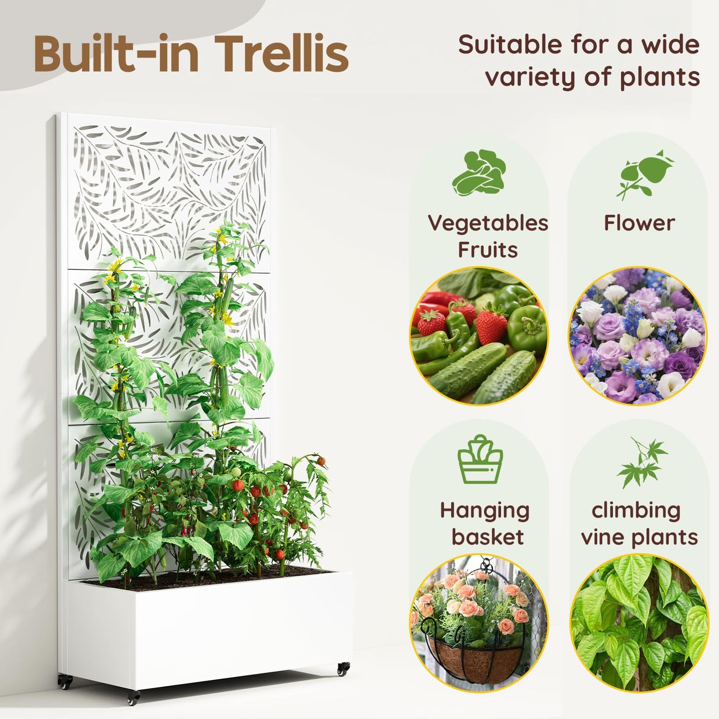 Metal Planter Box with Trellis,72"x35"x15",Galvanized Raised Garden Bed Trellis Outdoor Planter with Privacy Screen & Wheels and Drainage Holes,for Patio Climbing Vegetables,Flowers,Vines,White
