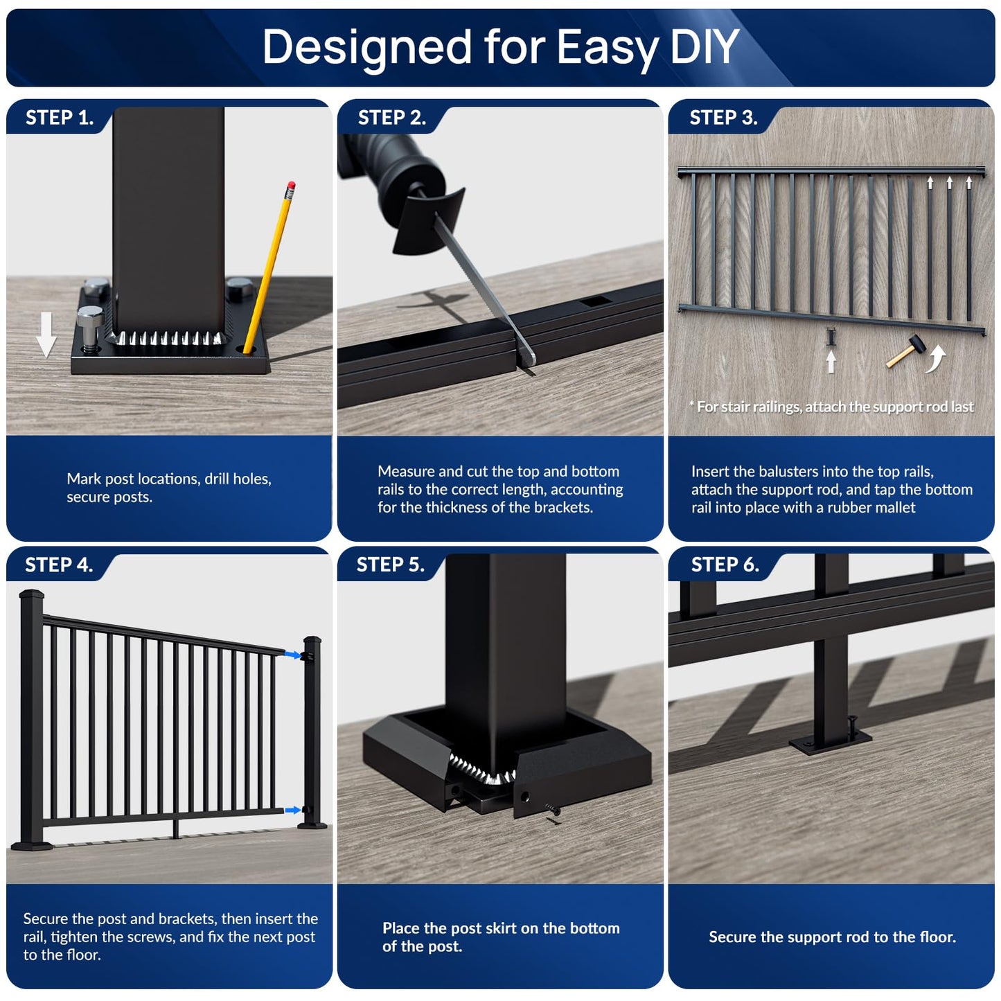 Egadis 36 in. H x 8 ft. W Black Deck Railing Kit with 2 Post, Textured AAMA 2604 Powder-Coat Finish Modular Aluminum Railing System for Outdoor Decks, Porches & Balconies(1 Panel, 2 Post)