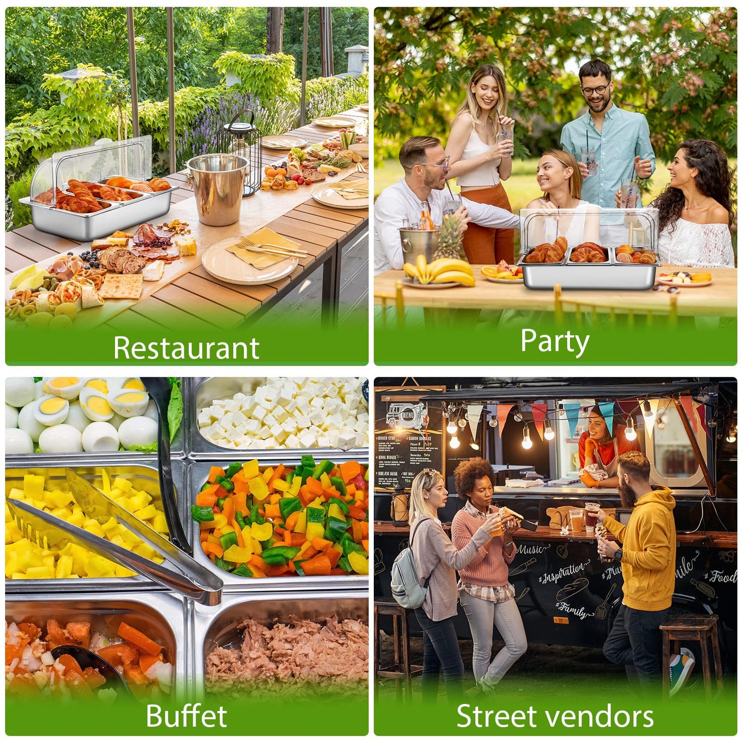 Ziliny 3 Pan Countertop Food Serving Display Container Stainless Steel Pizza Topping Station Display Rack Condiment Dispenser with Clear Roll Top Cover for Buffet Restaurant Hotel Kitchen Party