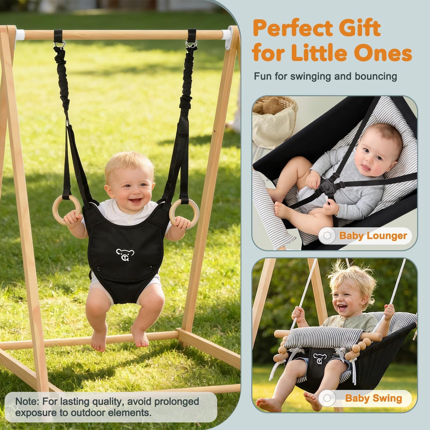 2-in-1 Baby Jumper & Swing, Montessori Wooden Toddler Swing Set with Stand for Indoor/Outdoor, Baby Bouncer Jumper & Hammock Swing with 5-Point Harness, Suitable for Children Ages Up to 3 Yrs