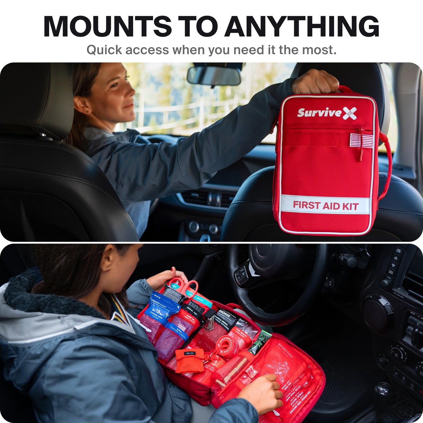SurviveX Large First Aid Kit for Car, Travel & Home - Emergency Kit for Hiking, Camping, Backpacking and Outdoors - Includes Zip Stitch Wound Closure Strips
