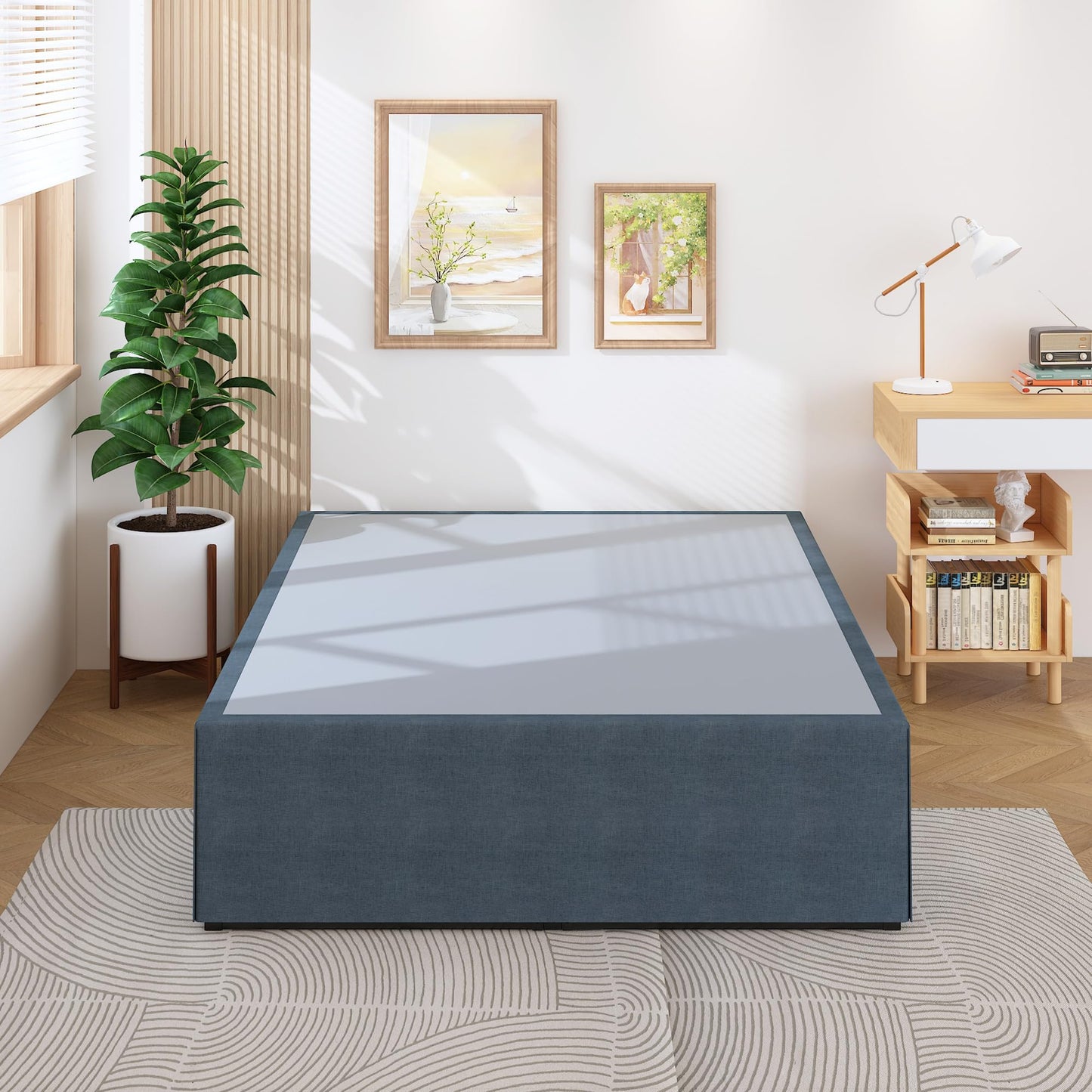 Lutown-Teen 18 Inch Queen Bed Frame with Cover Skirt, Heavy Duty Steel Slat Support Metal Platform Bed Frame Queen Size No Box Spring Needed, Easy Assembly, Black and Blue