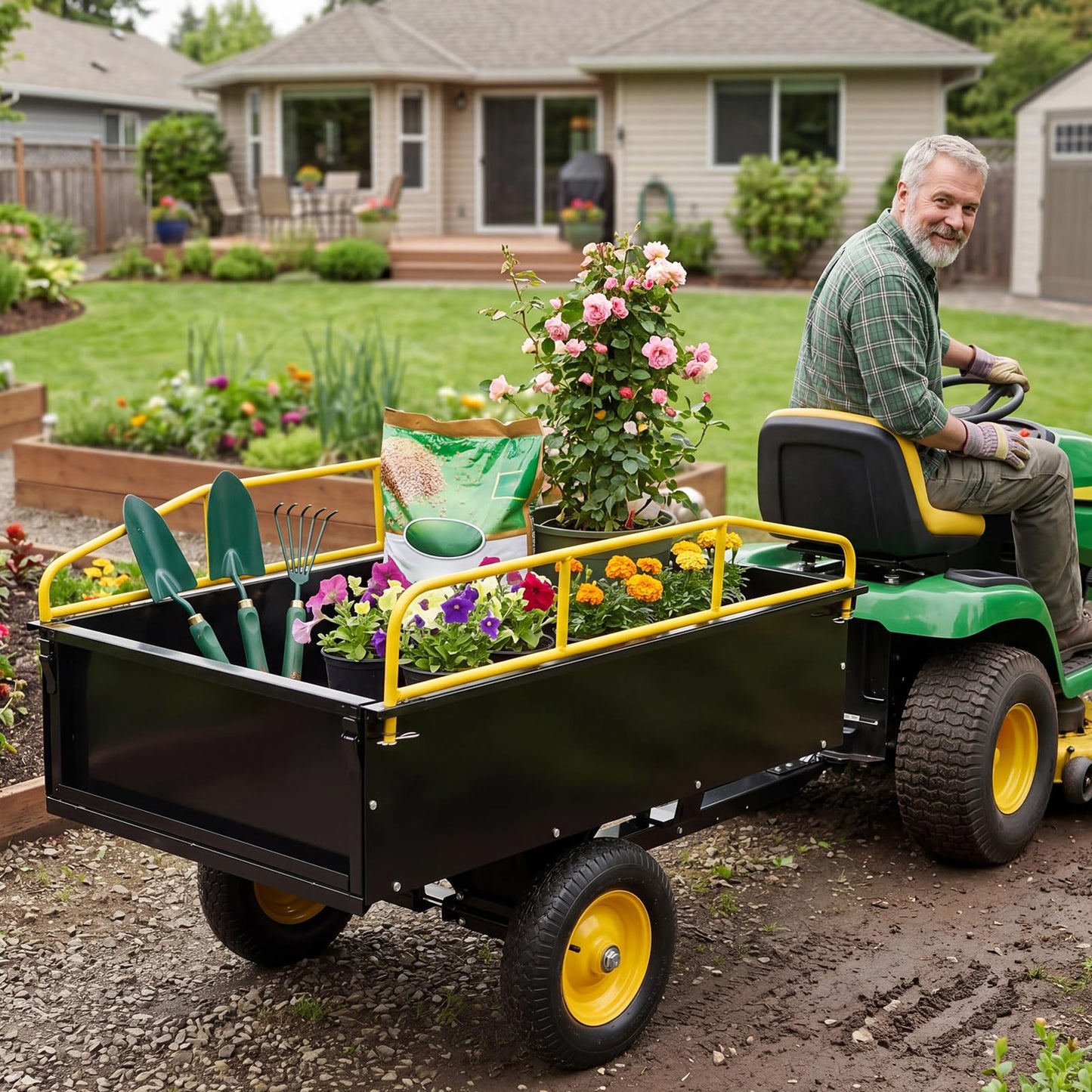 Garvee 750 LBS Capacity Utility Dump Trailer, 15 Cu Ft Heavy Duty Steel Garden Dump Cart with Removable Sides, Foot Pedal & Hand Pull Design, Compatible with ATV UTV Lawn Mower Tractor