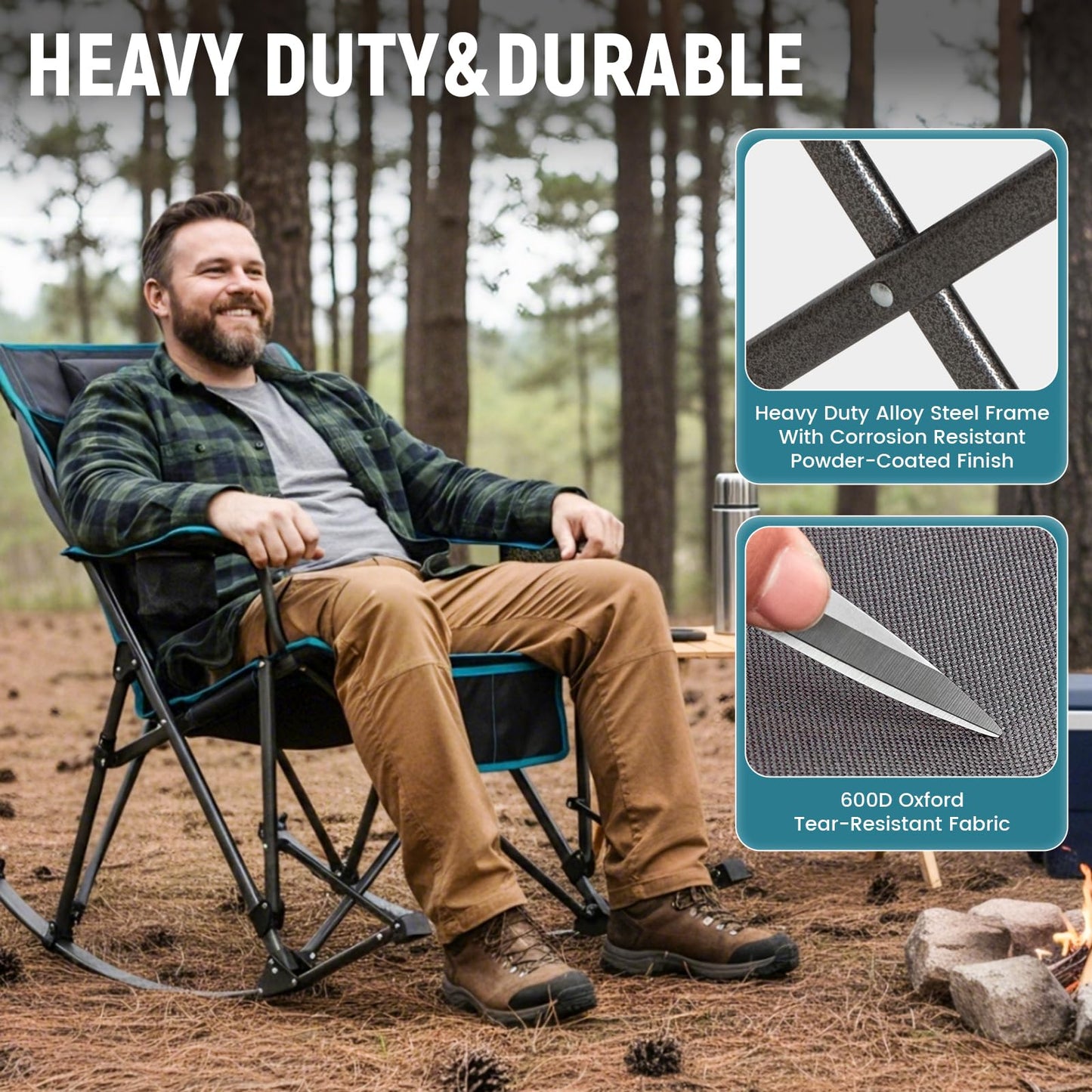FUNDANGO Oversized Rocking Camping Chair for Adults, 2 Pack Portable Folding Lawn Chairs for Outside with Pillows, Wide Armrest, 2 Cup Holders, Carry Bag for Patio Garden Outdoor Supports 400Lbs(Gery)