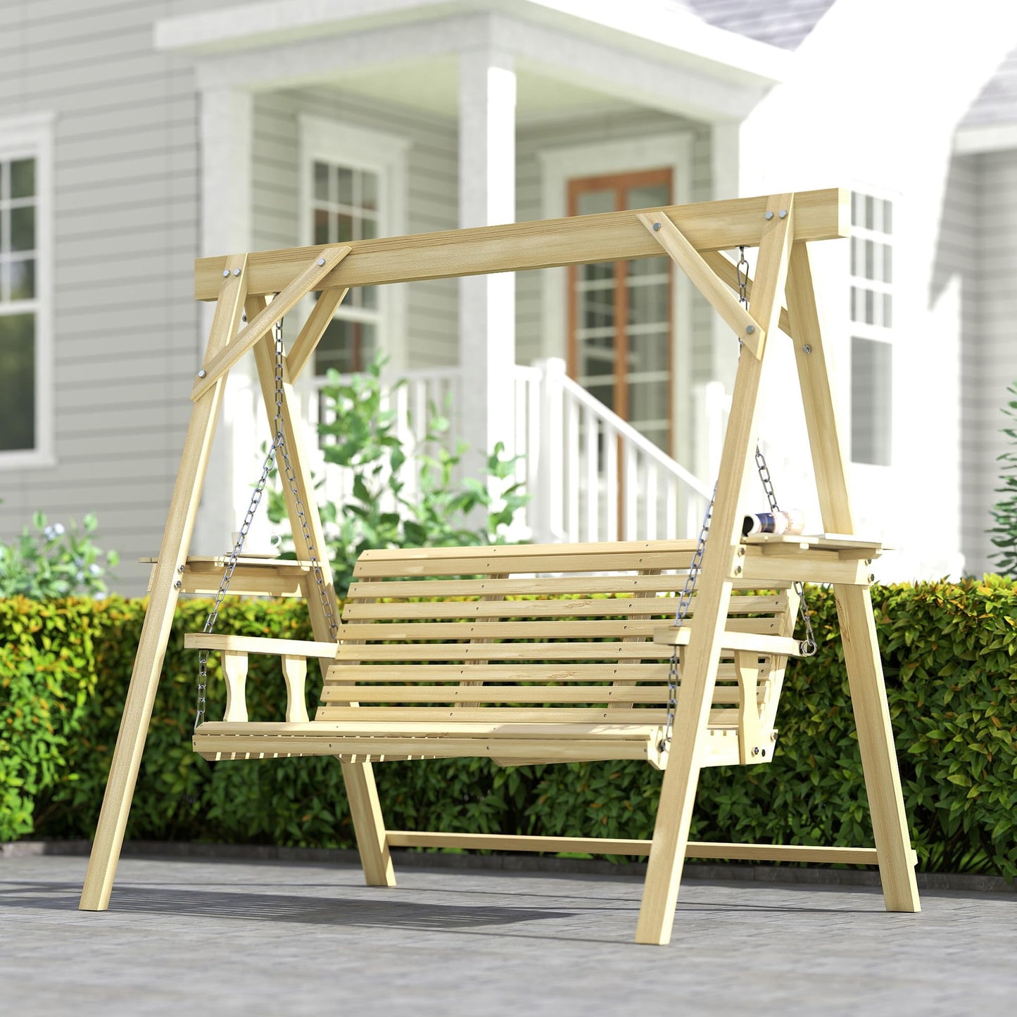 Outsunny 3 Seat Porch Swing with Stand, Wooden Patio Swing Chair with Side Tables and Metal Chains, Outdoor Swing Bench for Garden, Poolside, Backyard, Natural Wood