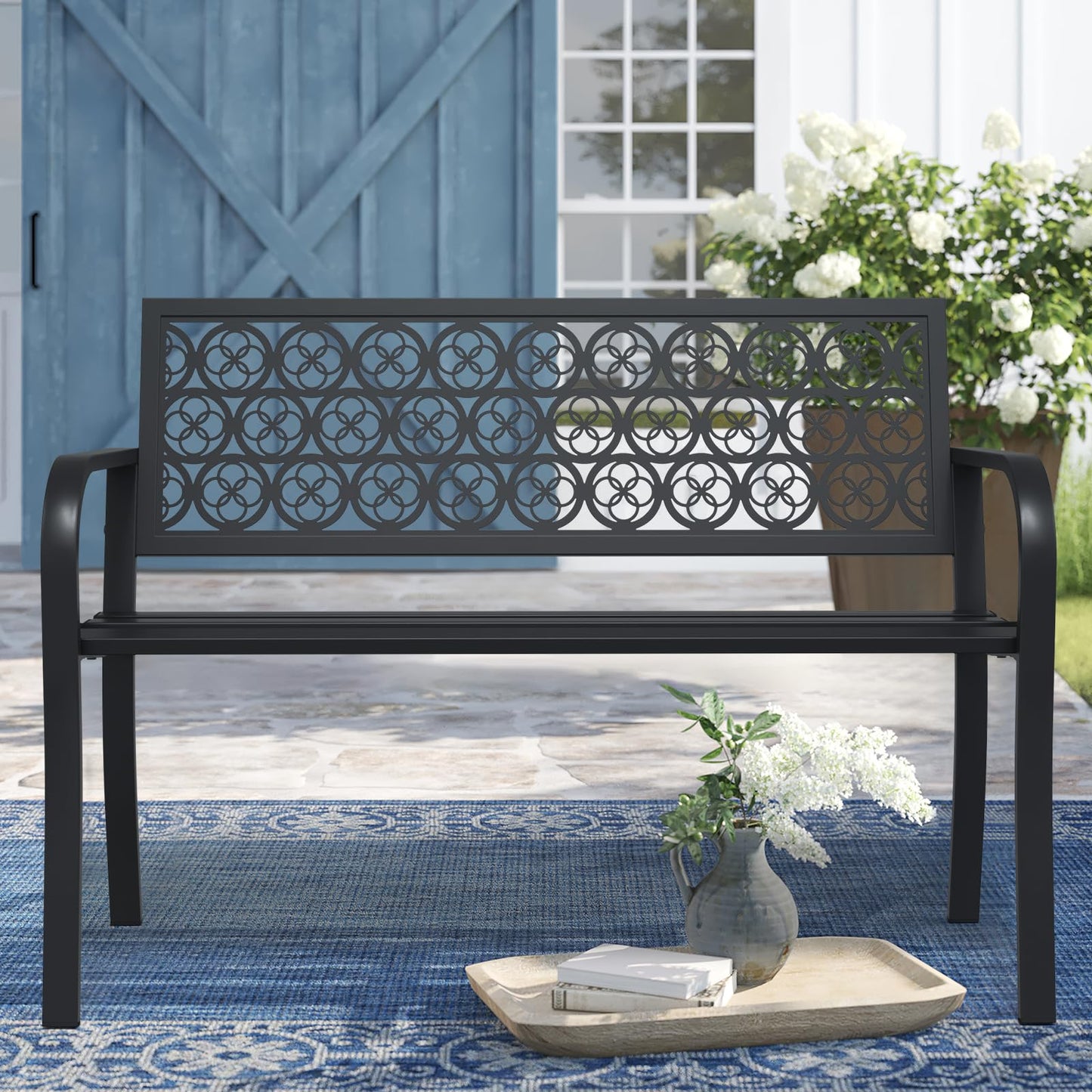 Maemttes 50" Outdoor Bench, Metal Weatherproof Garden Bench Cast Iron Heavy-Duty Patio Bench with Decorative Backrest for Proch Park 880lb Capacity