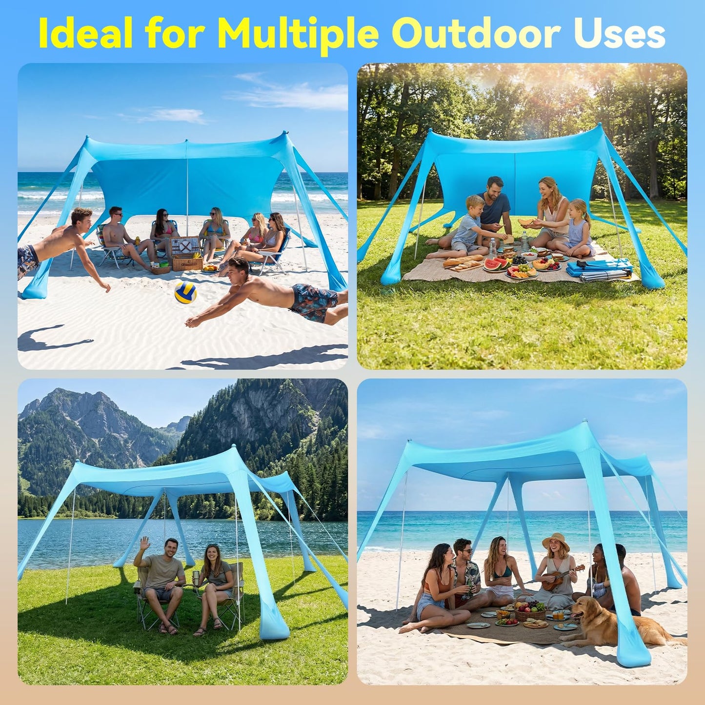 Purebox Beach Tent Sun Shelter - 10x10FT Beach Shade Canopy UPF50+ Protection Easy Setup, with 8 Sandbags, 4 Stability Poles, Sand Shovel, Ground Spikes, Outdoor Shade for Sand, Camping, Fishing