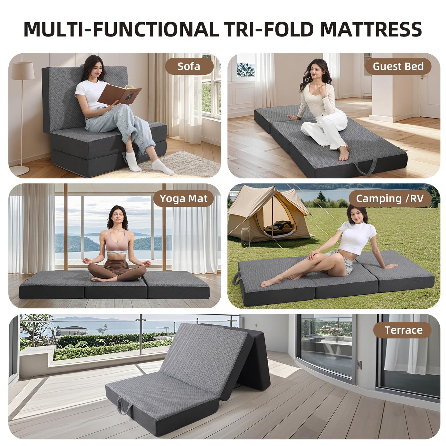 Comtrihion Portable Tri-Fold Memory Foam Mattress – 4-Inch Single Size Foldable Mattress with Washable Cover, Handle & Non-Slip Base for Travel, Camping, RV, Guest Rooms & Yoga