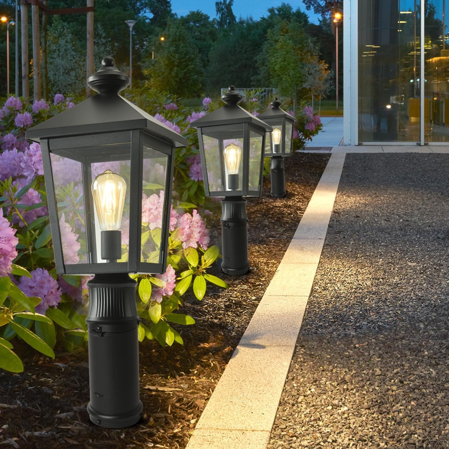 Outdoor Post Light with GFCI Outlet, Dusk to Dawn Aluminum Pole Lantern with Built-In Weatherproof Socket, IP65 Waterproof Post Light Fixture with Clear Glass Shade, Black for Yard Pathway Garden