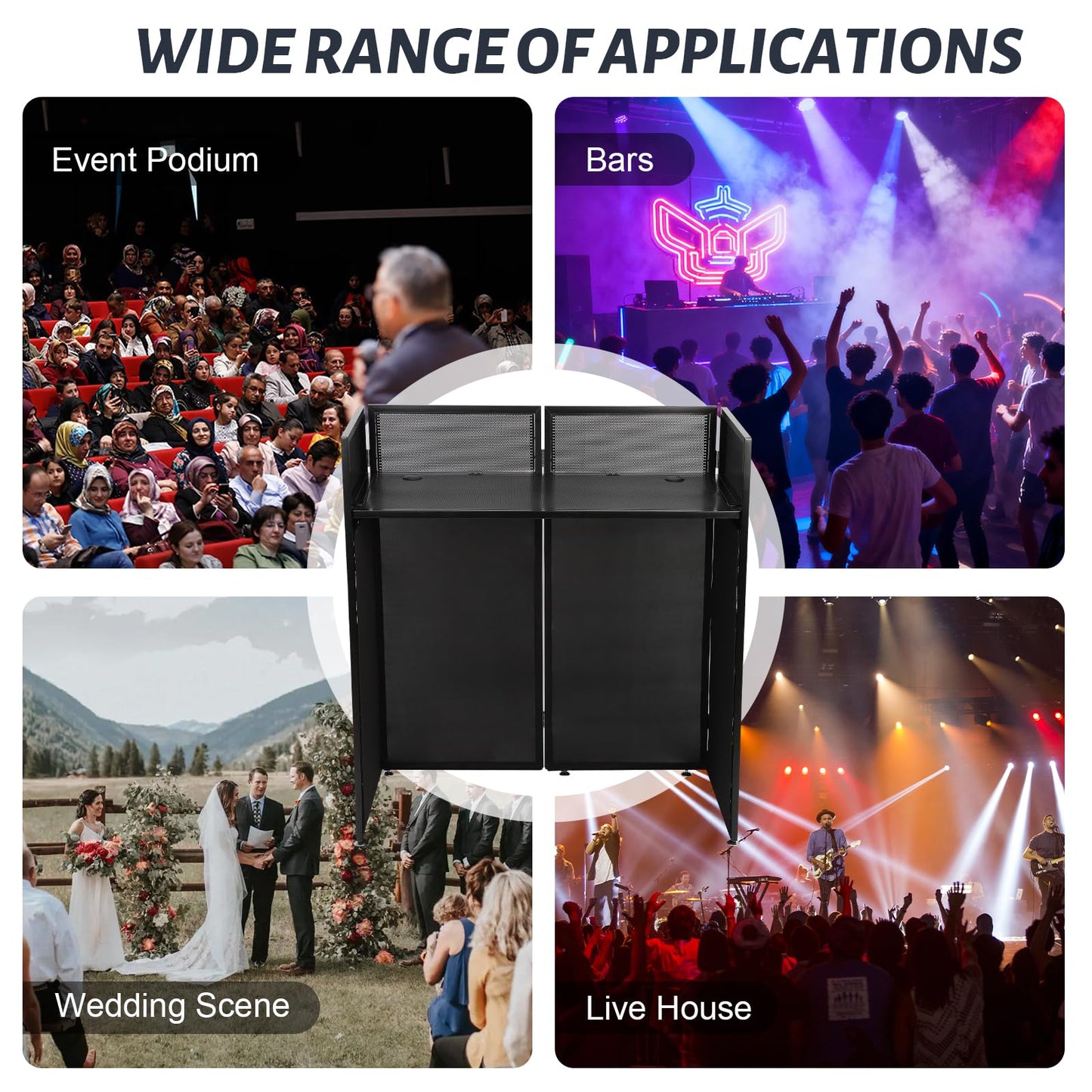 Portable DJ Booth Table Station 44"x42.2"x20.6", Foldable Metal Frame DJ Facade with Black & White Scrims, Detachable 40"x20" DJ Table, Adjustable Height, Carry Bag for Show, Party, Wedding, Events