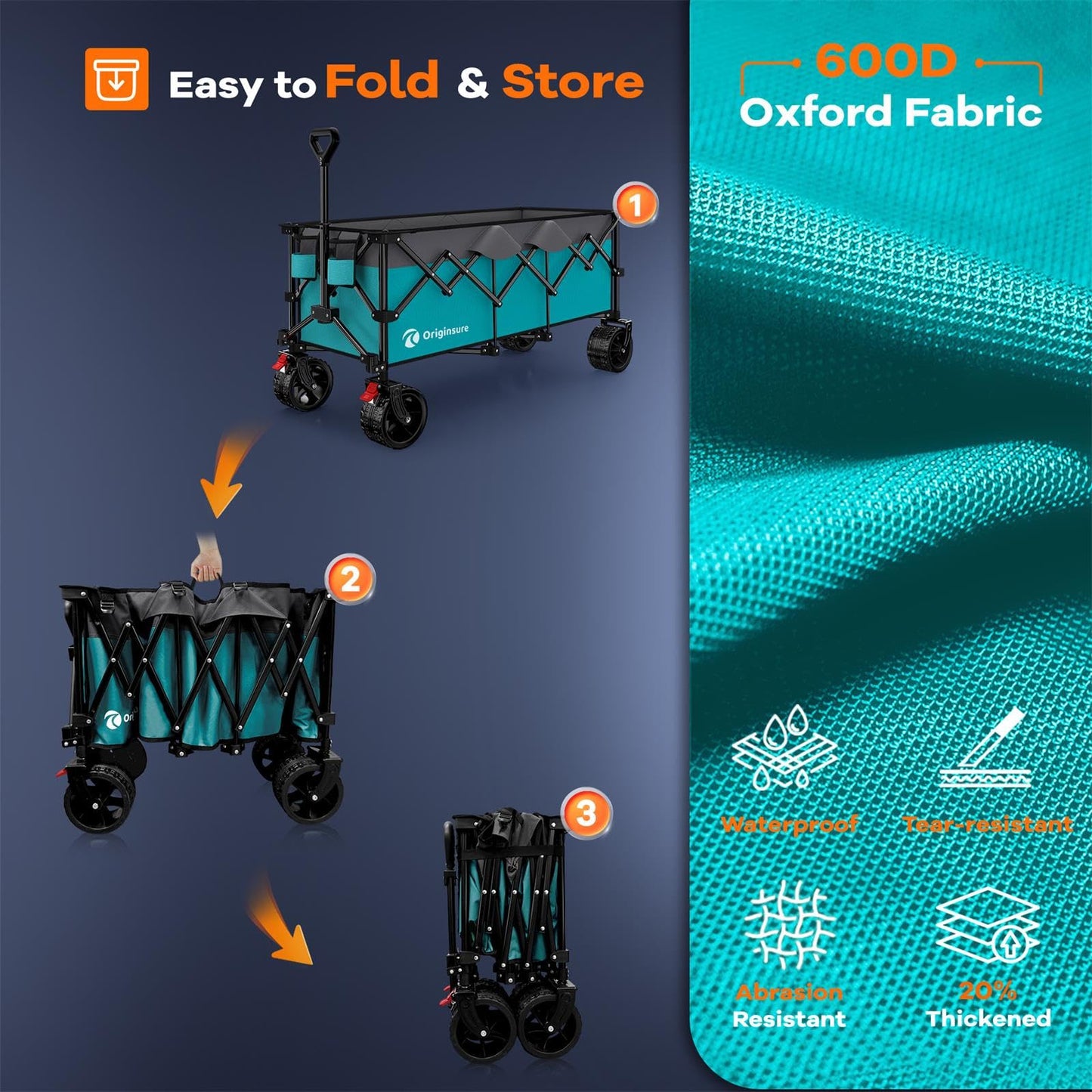 48" L Collapsible Beach Wagon Cart Foldable, 560LB Weight Capacity 300L Heavy Duty Folding Wagons with Big All-Terrain Wheels, Utility Carts for Groceries, Shopping, Camping, Sports - Grey&Turquoise