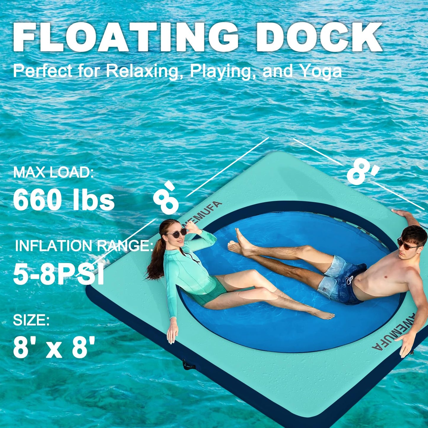 AWEMUFA 8ft x 8ft Inflatable Floating Dock Platform with Mesh, Floating Island Raft Lake Pool Inflatable Water Hammock Swim Air Platform, Floating Water Mat Island Floats for Adults Travel Floats