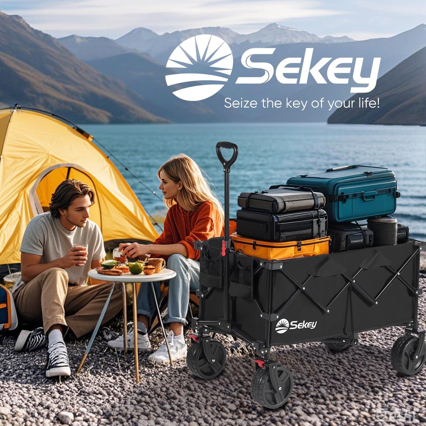 Sekey 220L Wagons Carts Foldable with Big All-Terrian Beach Wheels, Collapsible Heavy DutyWagon with Cup Holders, Extra Large Folding Wagon,Foldable Wagon for Camping, Garden, Sports. Black