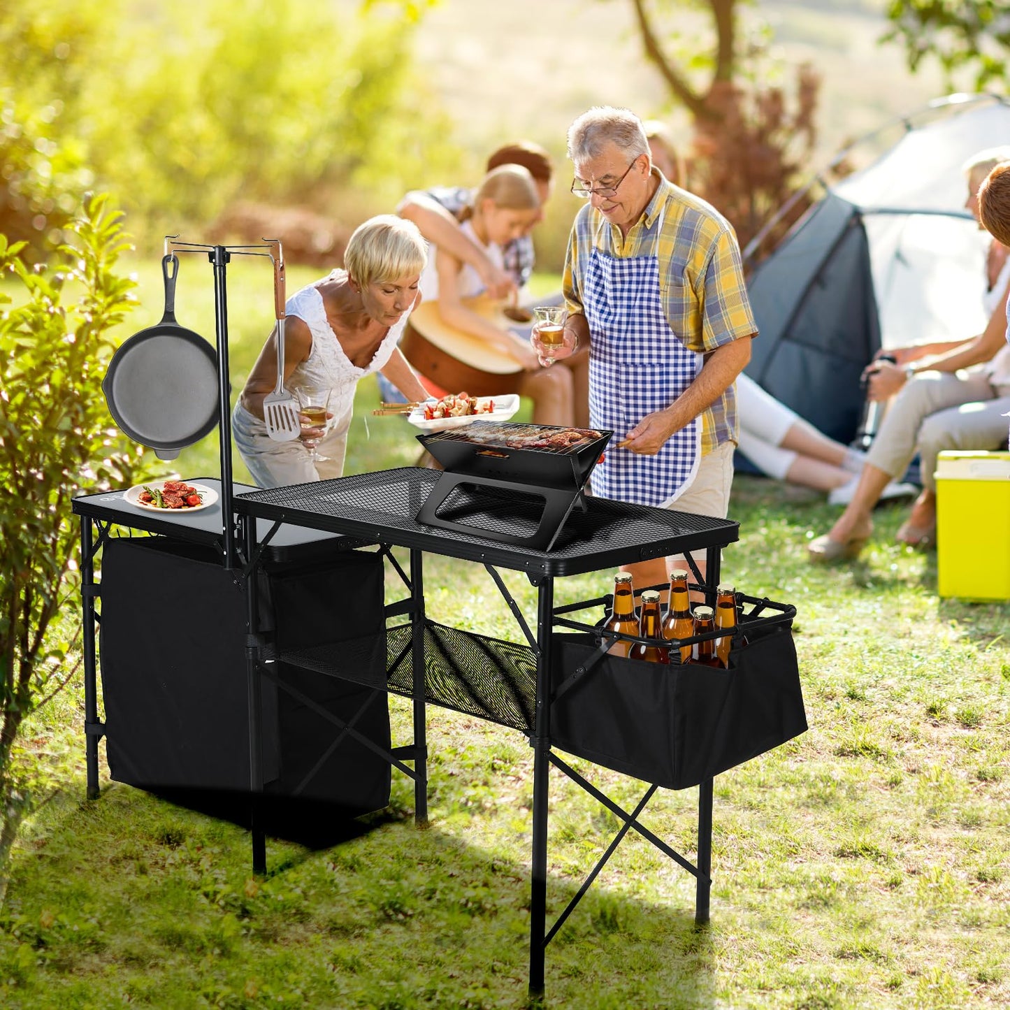 Nice C Camping Kitchen Table, Portable Folding Camp Cook Station, Storage Organizer, with Light Poles, Storage, Side Bag, Side Hooks, for Outdoor, Picnic, Beach, RV Traveling (Black)
