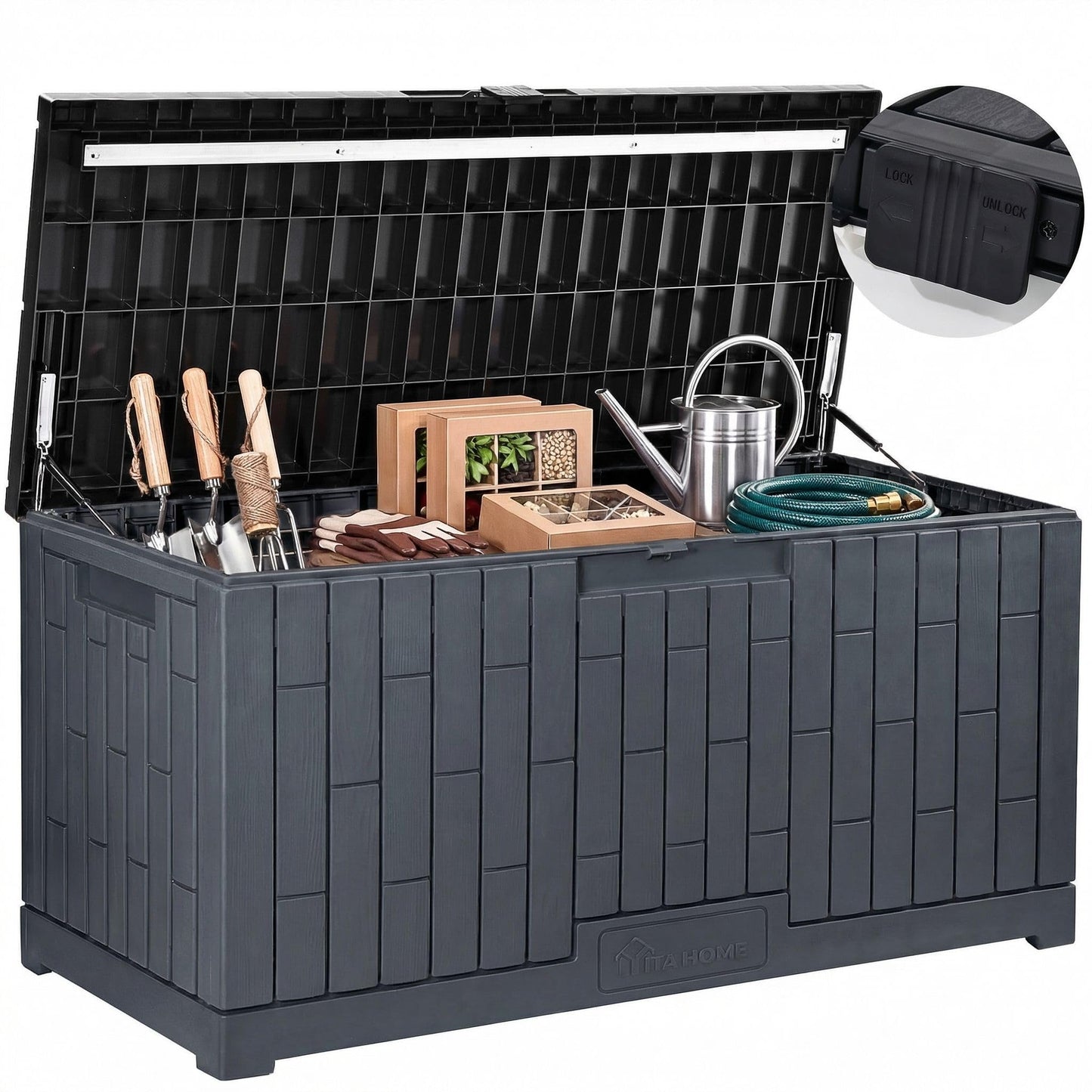 YITAHOME 120 Gallon Large Deck Box, 53"L x 22.7"W x 25.5"H Resin Outdoor Storage Box with Slide-Locking Black Lid for Patio Cushions, Garden Tools, Pool Supplies, Easy Assembly, Waterproof, Dark Gray