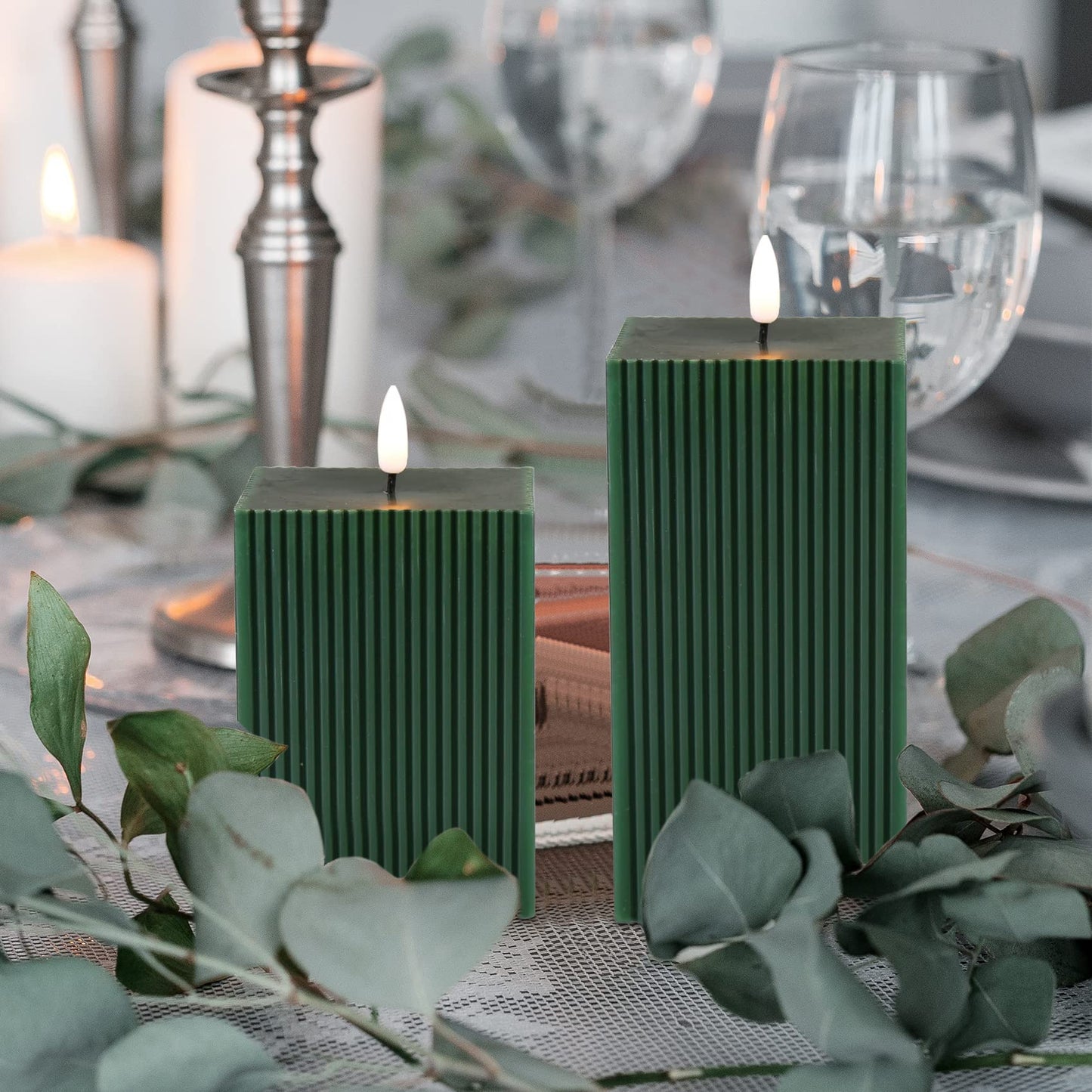 Girimax Dark Green Ribbed Flameless Candles with Remote, Battery Operated LED Square Candles Set of 2 Φ 3" H 4" 6"