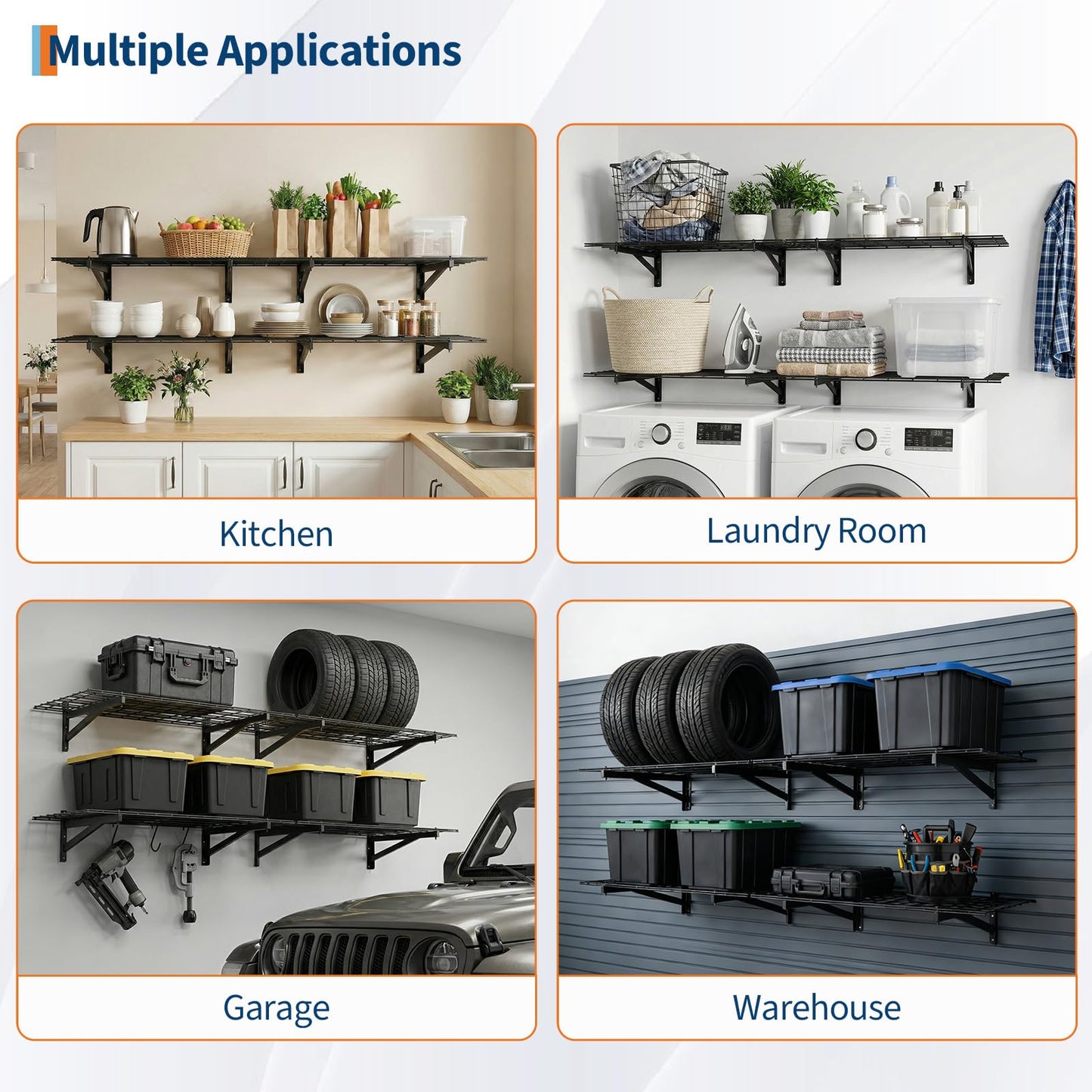 SierraSquad 4 Pack 2x3 Ft Garage Storage Shelving Wall Mounted, 1400 LBS Heavy Duty Wall Shelf, Black Metal Floating Storage Racks for Garage, Kitchen, Laundry, Shopping Mall and Tool Room