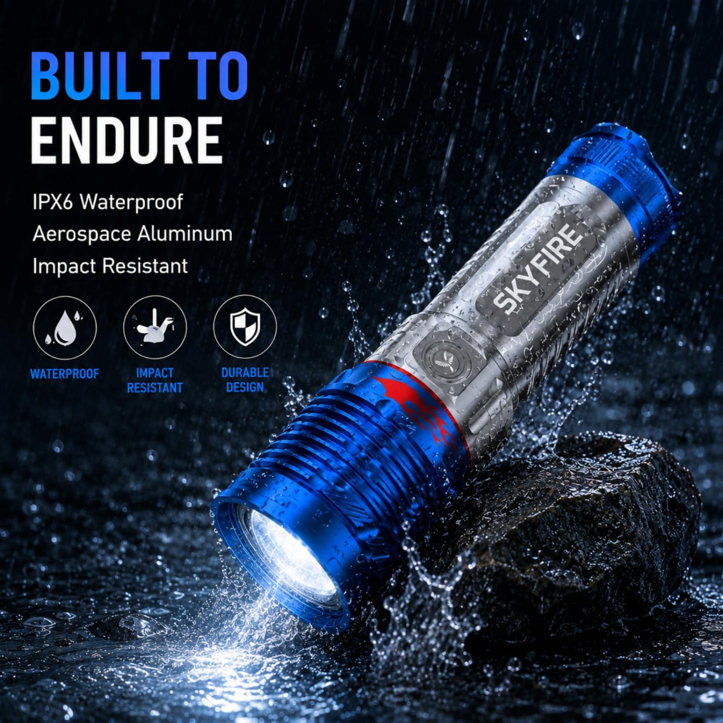 SKYFIRE 6000 Lumens Rechargeable Flashlight with Fire Starter,96 Hours Runtime, IPX6 Waterproof, Zoomable Tactical Flashlight Spotlight for Camping, Emergency, Outdoor Survival