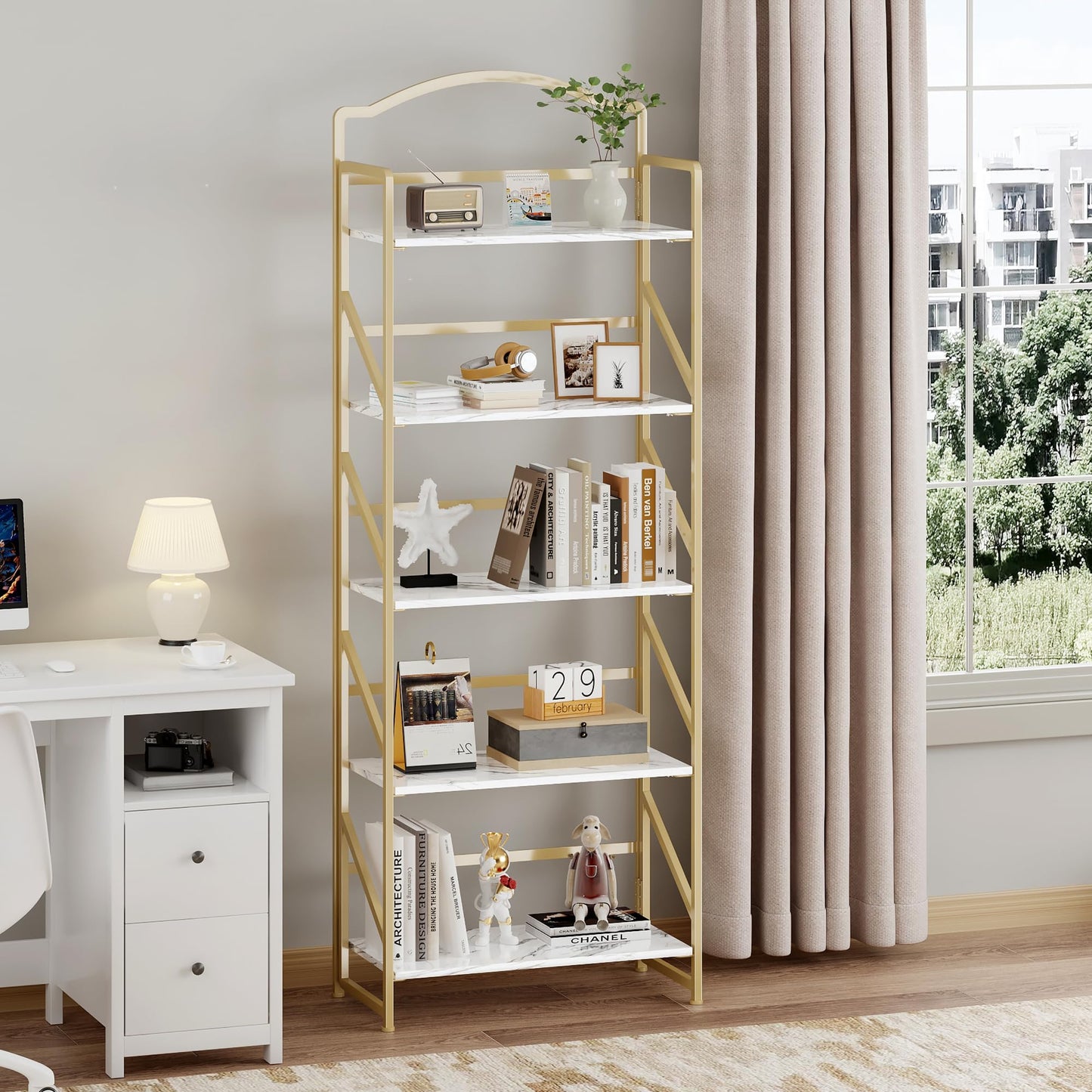 BHG No Assembly Folding Bookshelf for Living Room,Semicircle Collapsible Book Shelf for Home Office, Portable Bookcase Storage Organizer Rack Shelves
