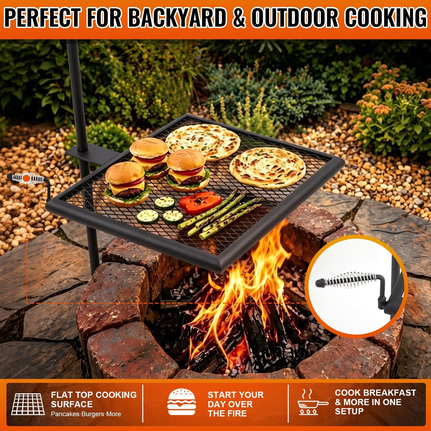 Ferrochef 24" x 24" Fire Pit Campfire Grill Grate Campfire Grill Portable Open Fire Cooking Heavy-duty Foldable Camping Cooking Barbecue Rack Easy Setup & Adjustable Height for Outdoor BBQ