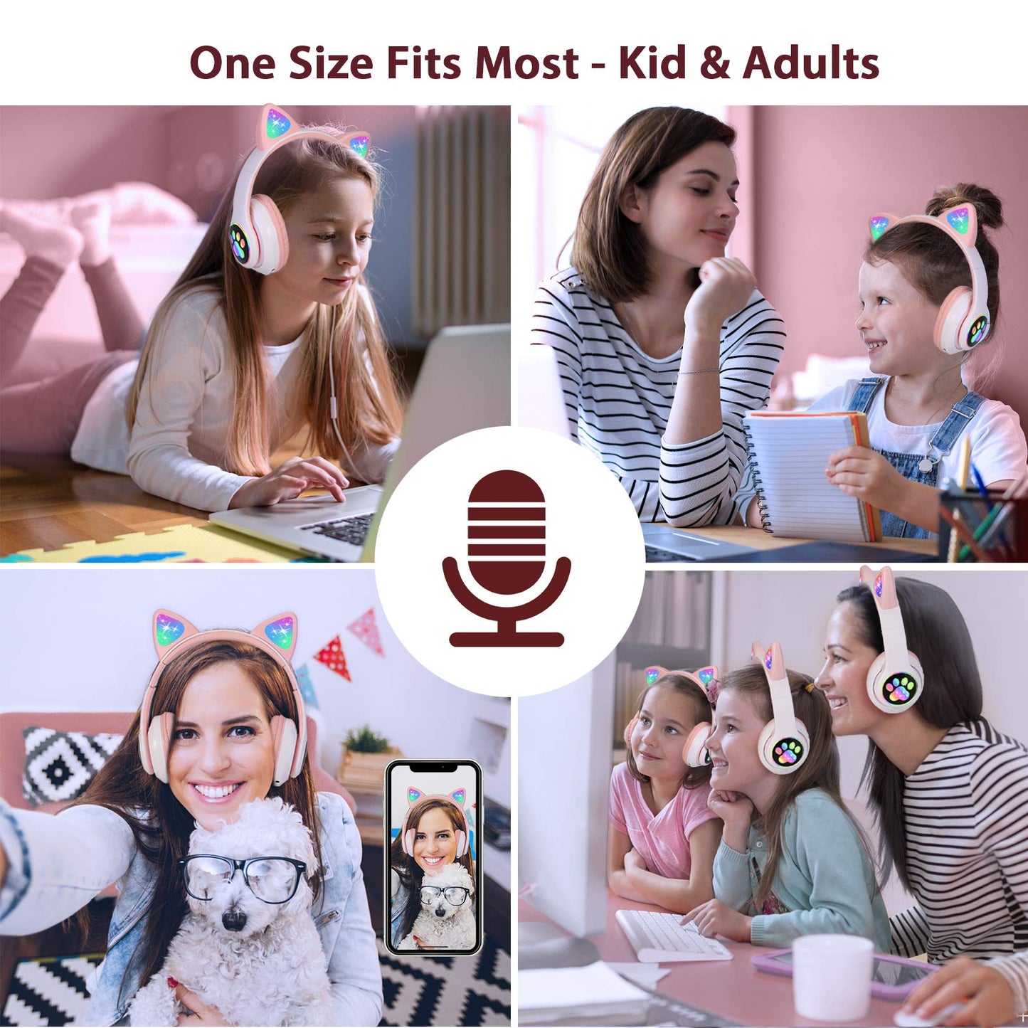 TCJJ Bluetooth 6.0 Cat Ear Kids Headphones for Girls, LED Light Up, 85dB Safe Volume Limit, Stereo Sound Toddler Foldable Wireless & 3.5mm Wired Headset with Mic for School, Tablet, Travel