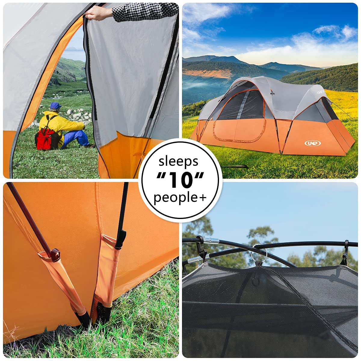 UNP Camping Tent 10-Person Family Tents, Big, Easy up, 5 Large Mesh Windows, Double Layer, 2 Room, Waterproof, Weather Resistant, 18ft x 9ft x78in (Orange)