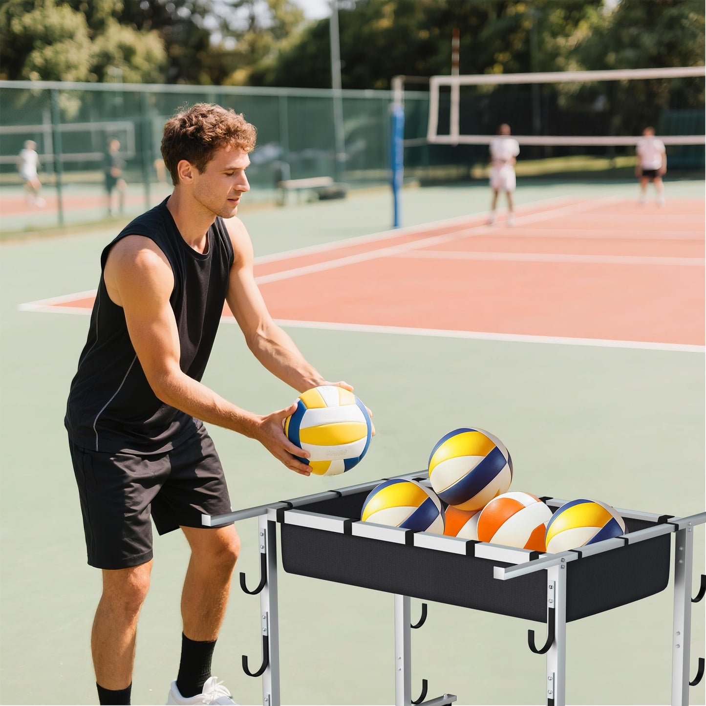 MR Volleyball Equipment Cart, Heavy-Duty Volleyball Gear Storage Trolley with 4 Removable Baskets & Lockable Wheels, Portable Volleyball Cart for Balls, Pads, Nets & Training Aids