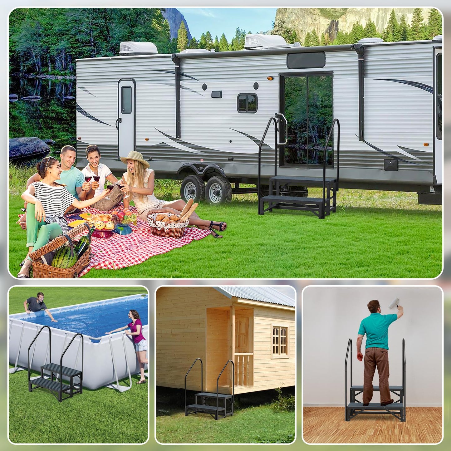 Rv Steps with Handrail 2 Step, Hot Tub Steps with Anti-Slip Mats, Heavy Duty Metal Mobile Home Stairs, Camper Steps for Travel Trailer,Portable Step Ladder for Spa, Pool and Porch
