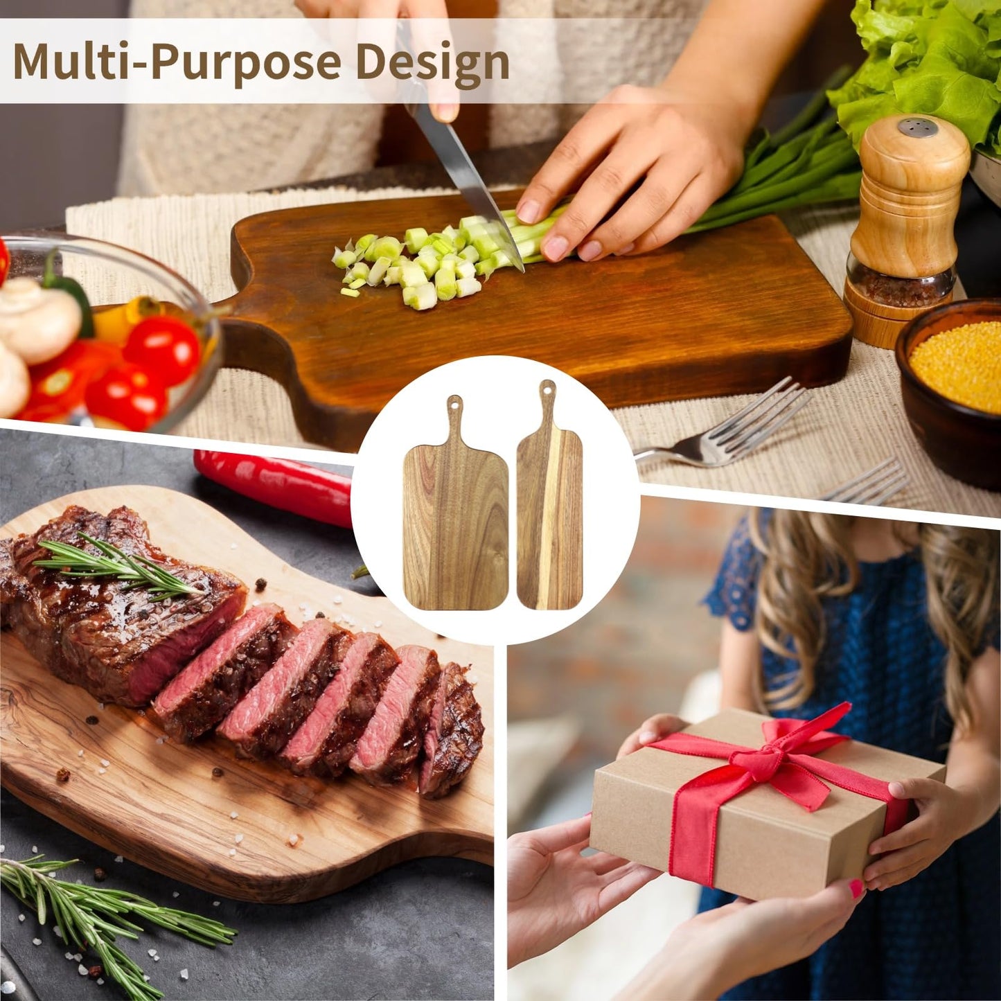 12 Pcs Wood Cutting Board Set with Handle, Acacia Wood Charcuterie Board, Small Size Long Wooden Charcuterie Board Paddle Cheese Board Serving Boards for Kitchen Meat, Pizza,Chees, 16.1×4.7", 15×7.5"