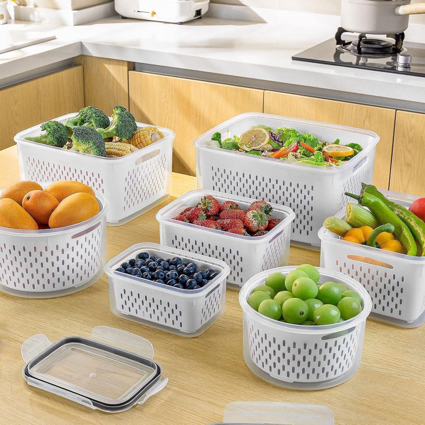 5 PCS Large Fruit Containers - Leakproof Food Storage with Removable Colander | Dishwasher & Microwave Safe