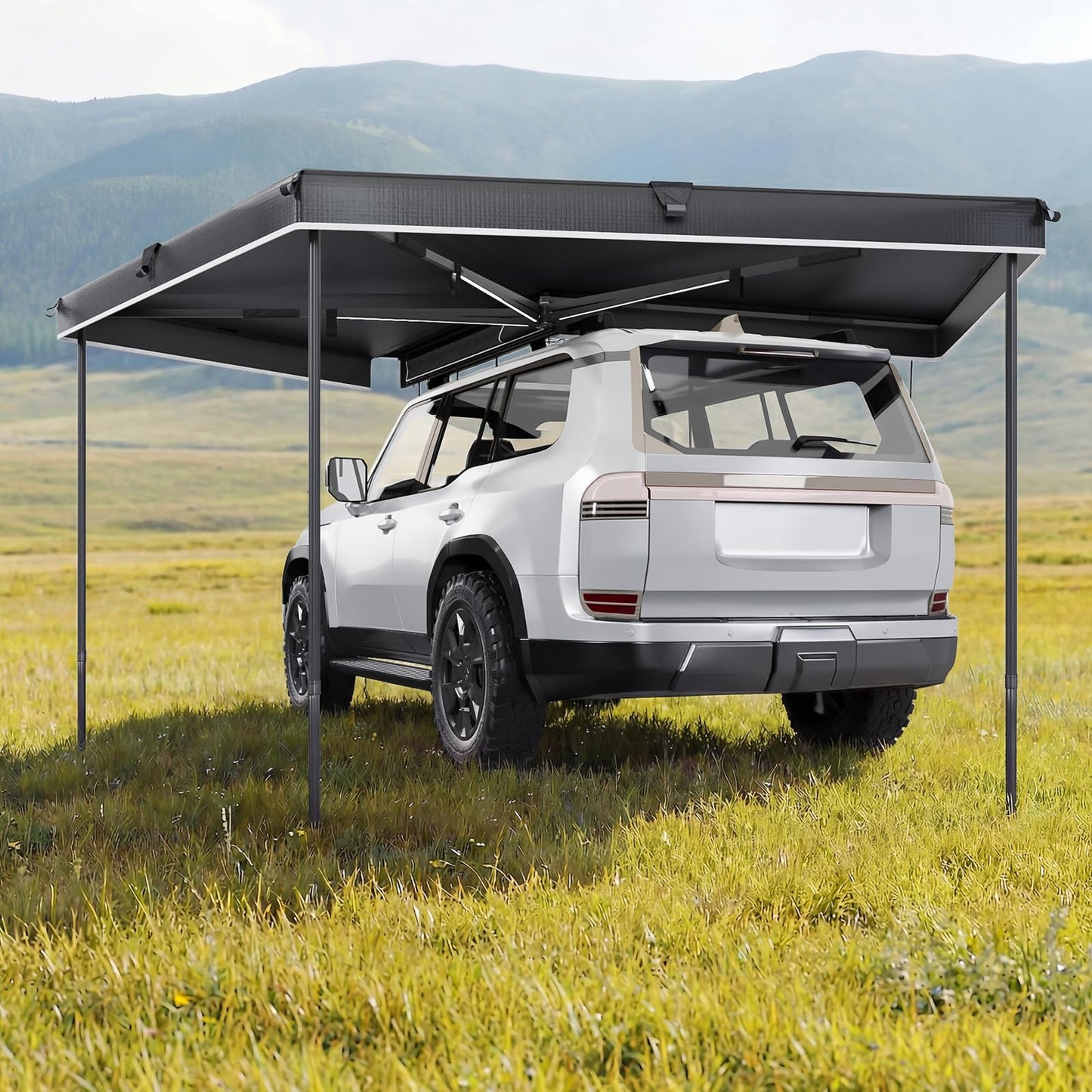 EROMMY 270 Degree Car Side Awning with Built-in LED Light, Fan-Shaped Wide Coverage for SUV, Van, Camper and Truck, Waterproof Overland Camping Shelter