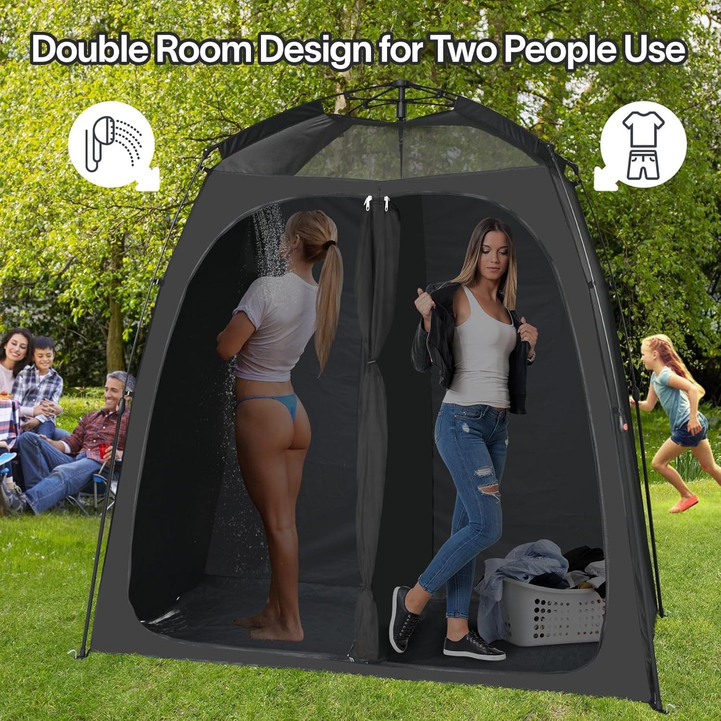 EighteenTekยฎ Upgraded Shower Tents with Hub, Pop Up Privacy Tent Camping 2-Room Privacy Shelter with Floor & Dual Doors, Portable Easy-Setup Toilet & Changing Tent, 83" x 47" x 77.6"H