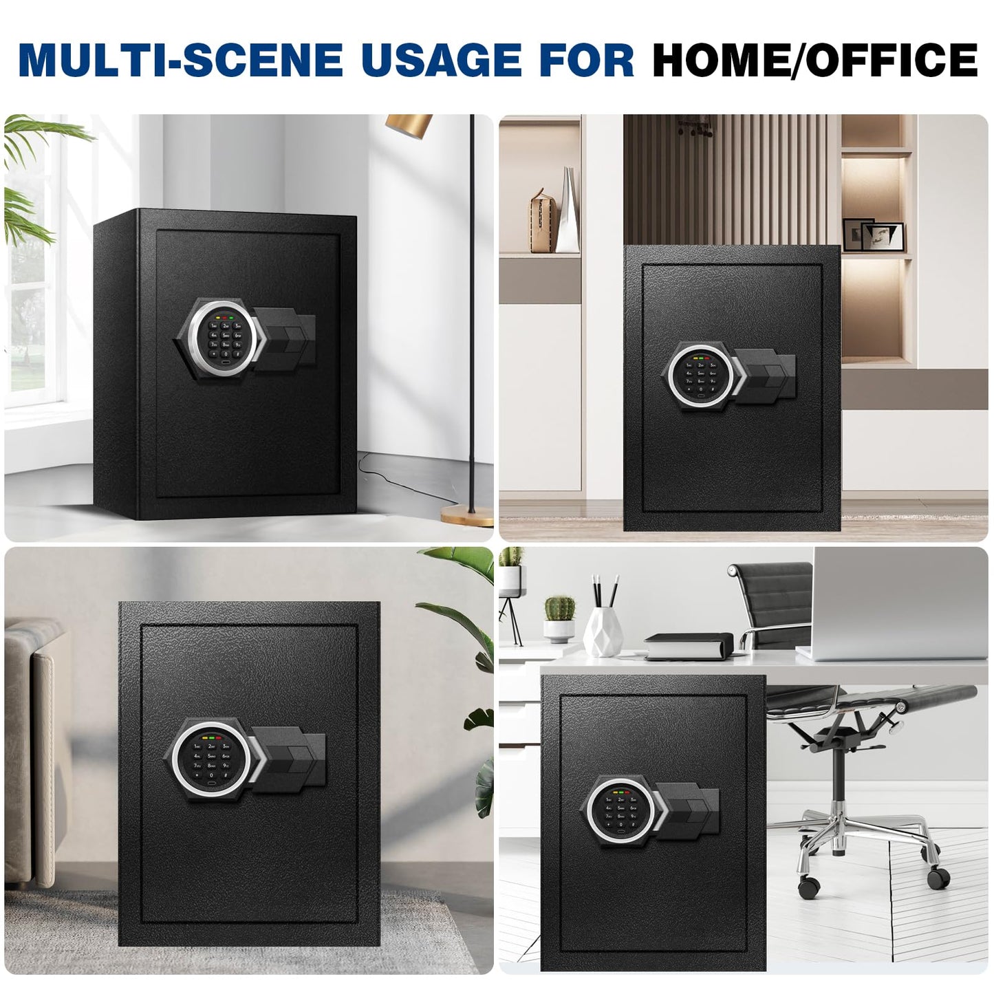 Fdsutvit Fireproof Home Safe Box- Steel Digital Combination Lock Security Box with Type-C Backup & Sensor Light, Key Lock Safety Box for House Office Documents Money Jewelry Handgun - Black 3.2 Cu Ft