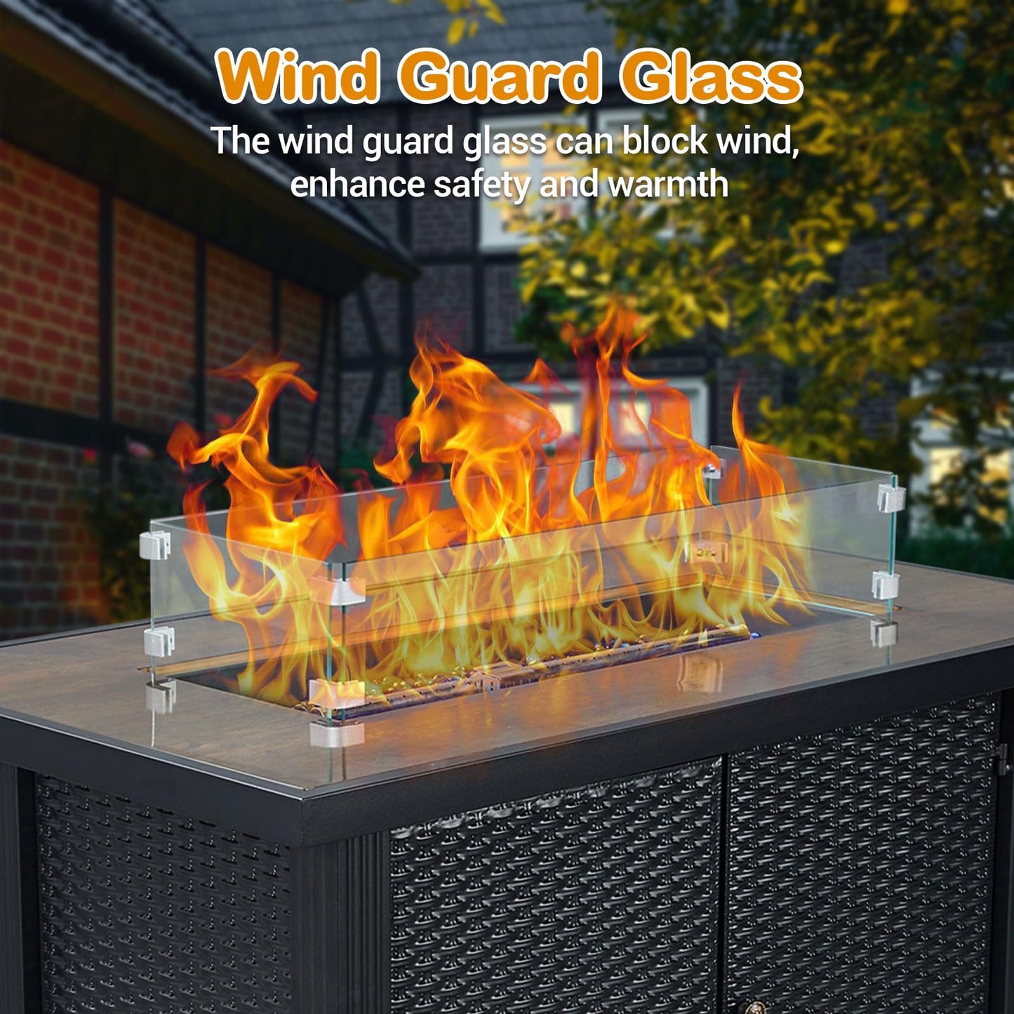 GarveeLife 44 in Propane Fire Pit Table,50000 BTU Fire Table with Ignition System,Outdoor Fire Table with Glass Rocks for Patio Garden Backyard,Rain Cover and Wind Guard Glass Included