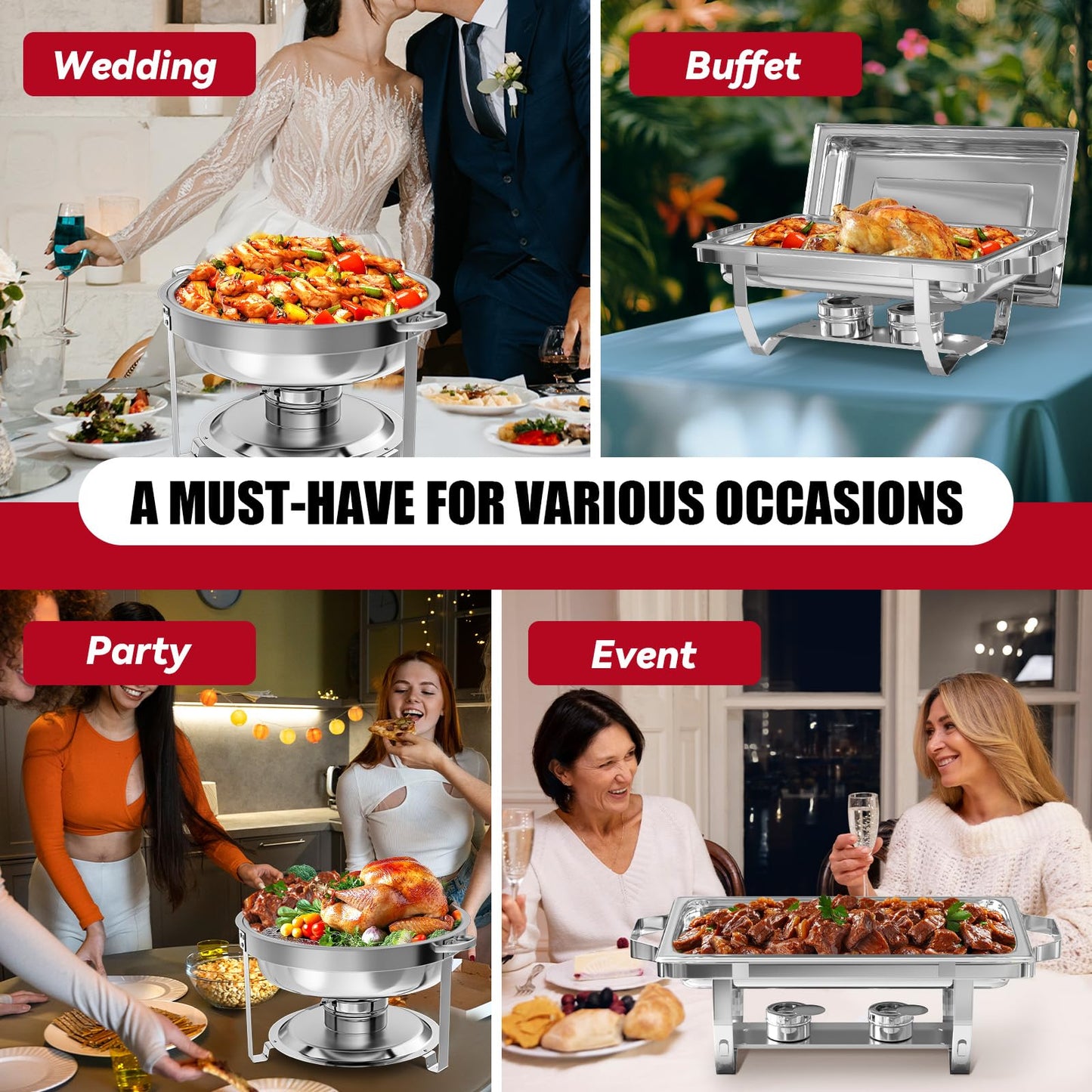 IMACONE Chafing Dish Buffet Set 4 Pack, 8 QT Rectangle & 5QT Round Stainless Steel Chafer for Catering, Chafers and Buffet Warmer Sets w/Food & Water Pan, Lid, Fuel Holder for Event Party Holiday