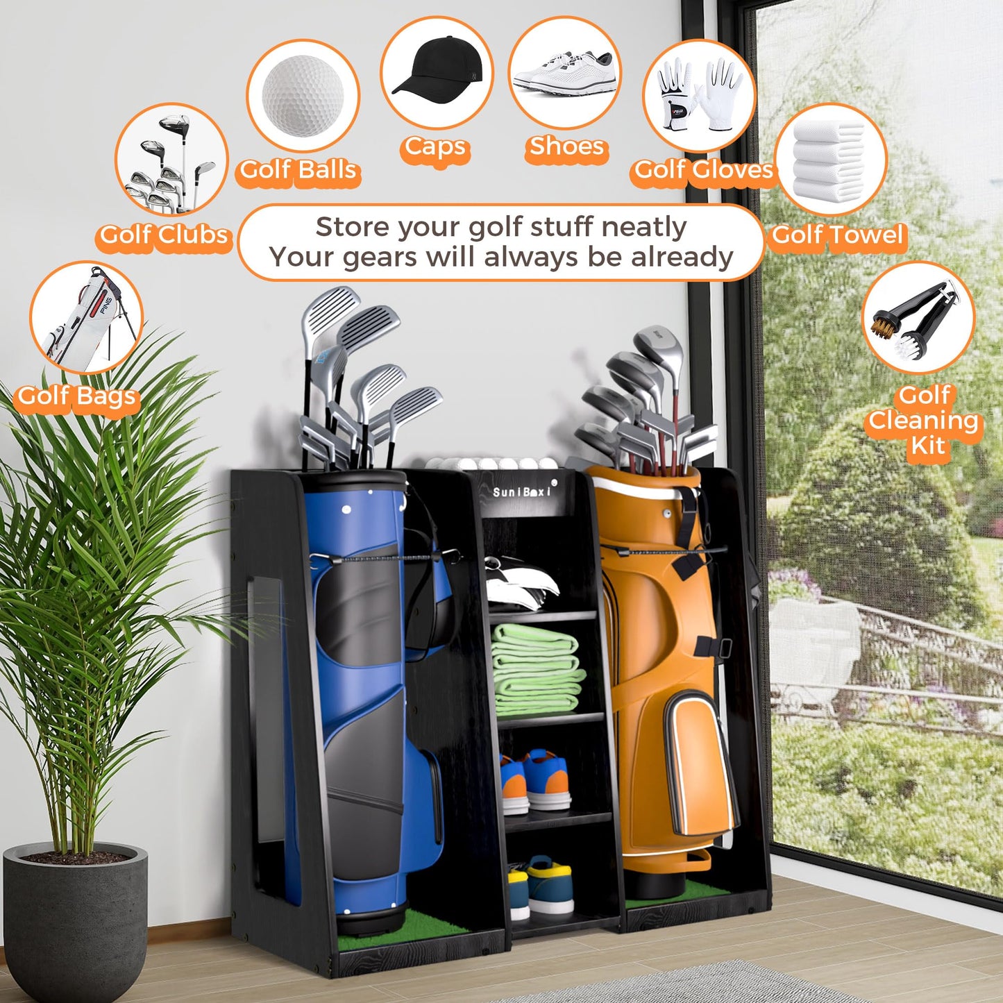SuniBoxi Wooden Golf Storage Organizer for Garage, Premium Golf Bag Holder Rack for Golfing Accessories, Great Gift for Golfers,Husband, Dad(2 Bags,Dark Black)