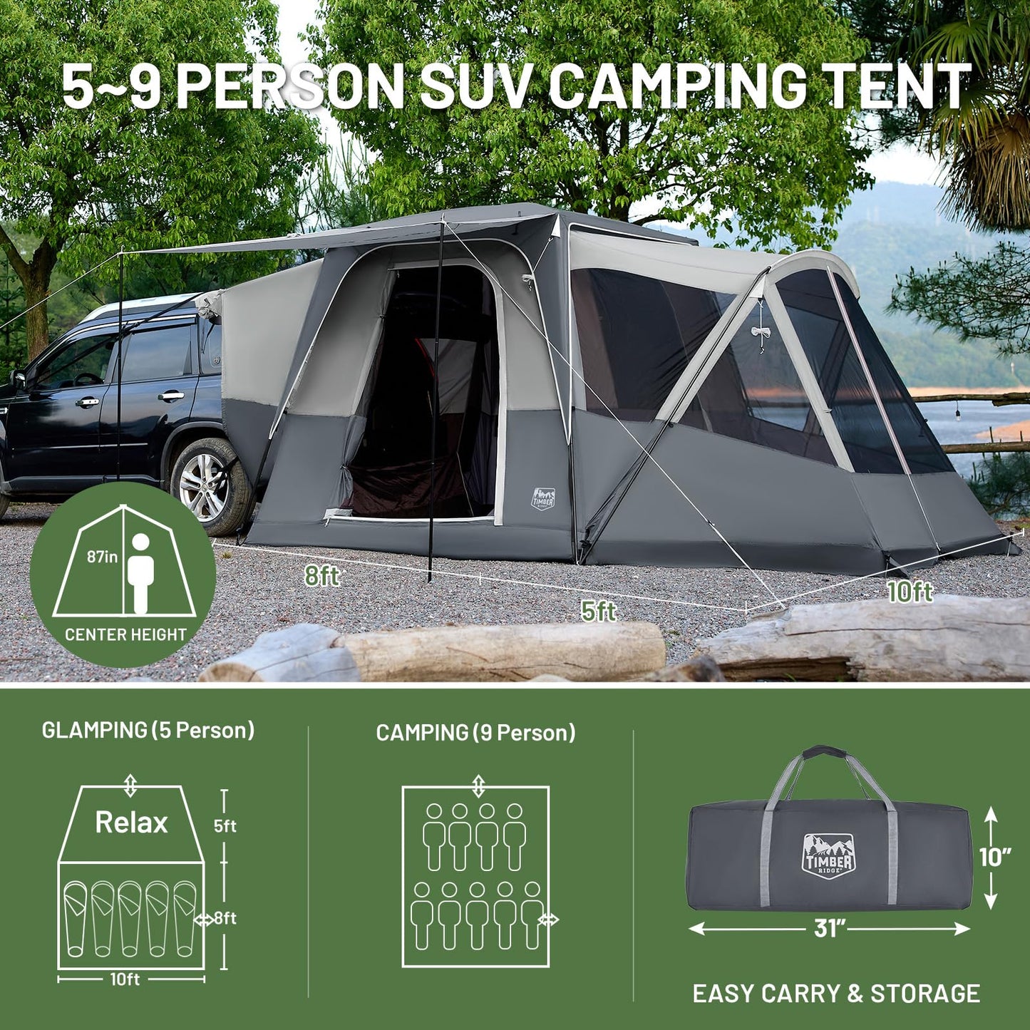 TIMBER RIDGE 5-9 Person SUV Tent with Screen Porch and Awning for Family Camping, Weather Resistant and Portable Van or Car Tent, Includes Rainfly and Storage Bag, 13' W X 10' L X 7.1' H, Grey