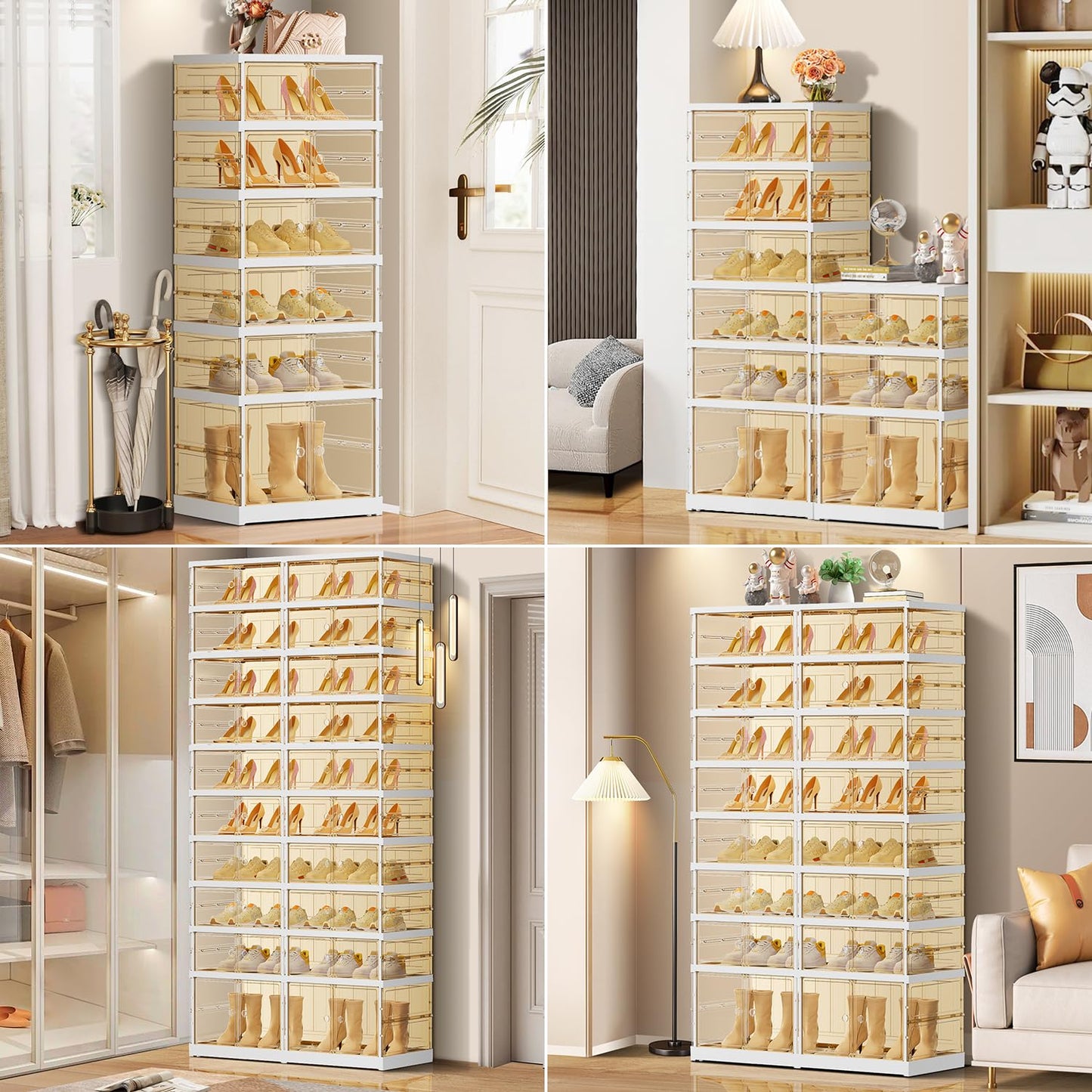 EHAMILY 10 Tiers 20-40 Pairs Foldable Shoe Rack for Closet Plastic Stackable Shoe Boxes for Garage Collapsible Shoes Shelf with Doors Storage Organizer Cabinet Quick Assembly,Brown
