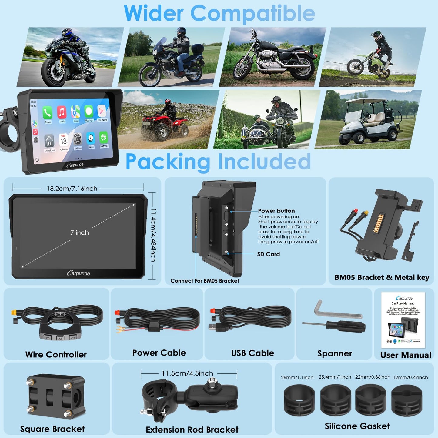 Carpuride W702S PRO Motorcycle GPS Wireless Carplay/Android Auto, 7" Waterproof Motorbike Touch Screen, with BM05 Mount, Bluetooth Trans, Wired Controller, Navigation