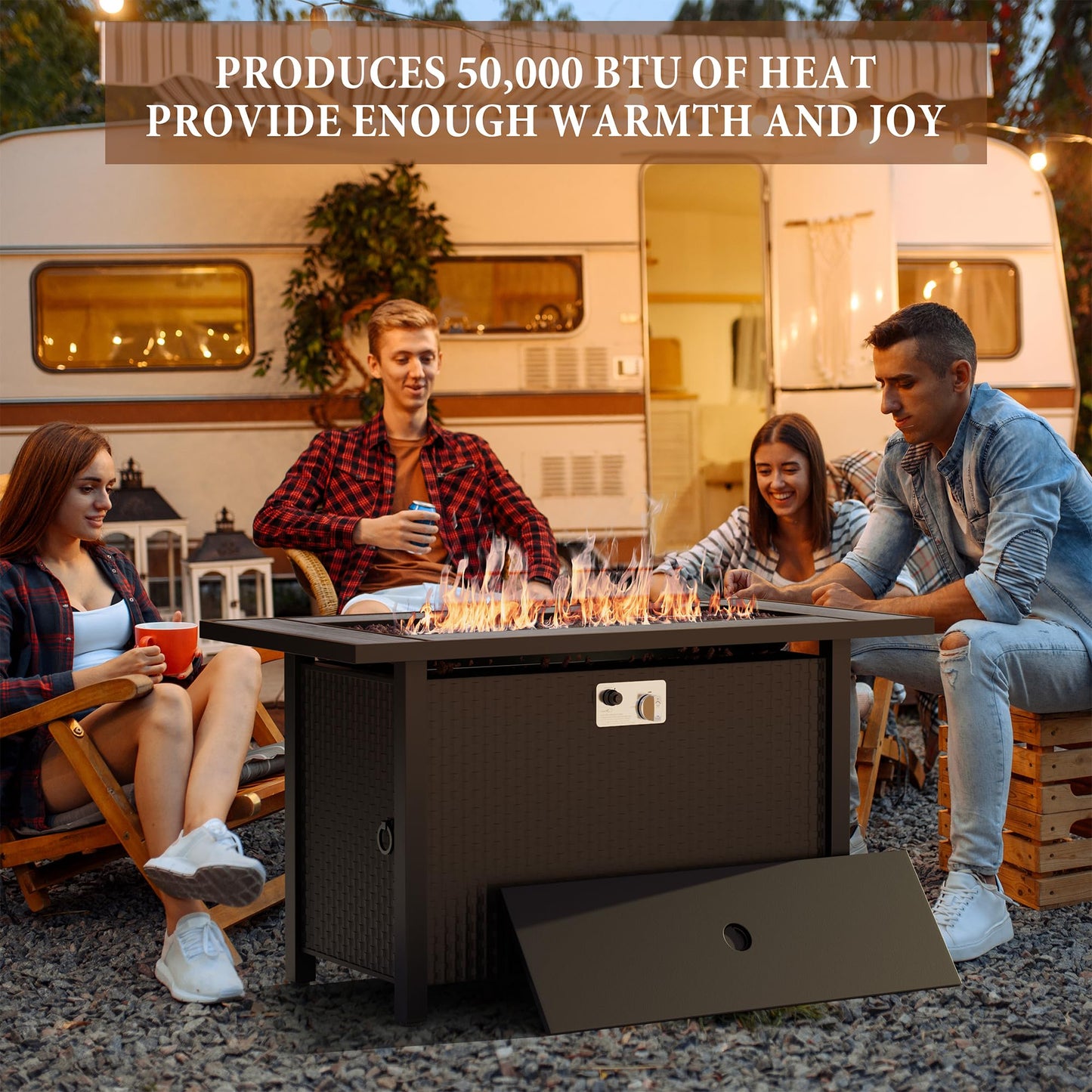 45 inch Propane Fire Pit Table, 50,000 BTU Outdoor Gas Fire Pit Table with Lid, Waterproof Cover, Rectangle Gas Firepit Table for Garden/Patio