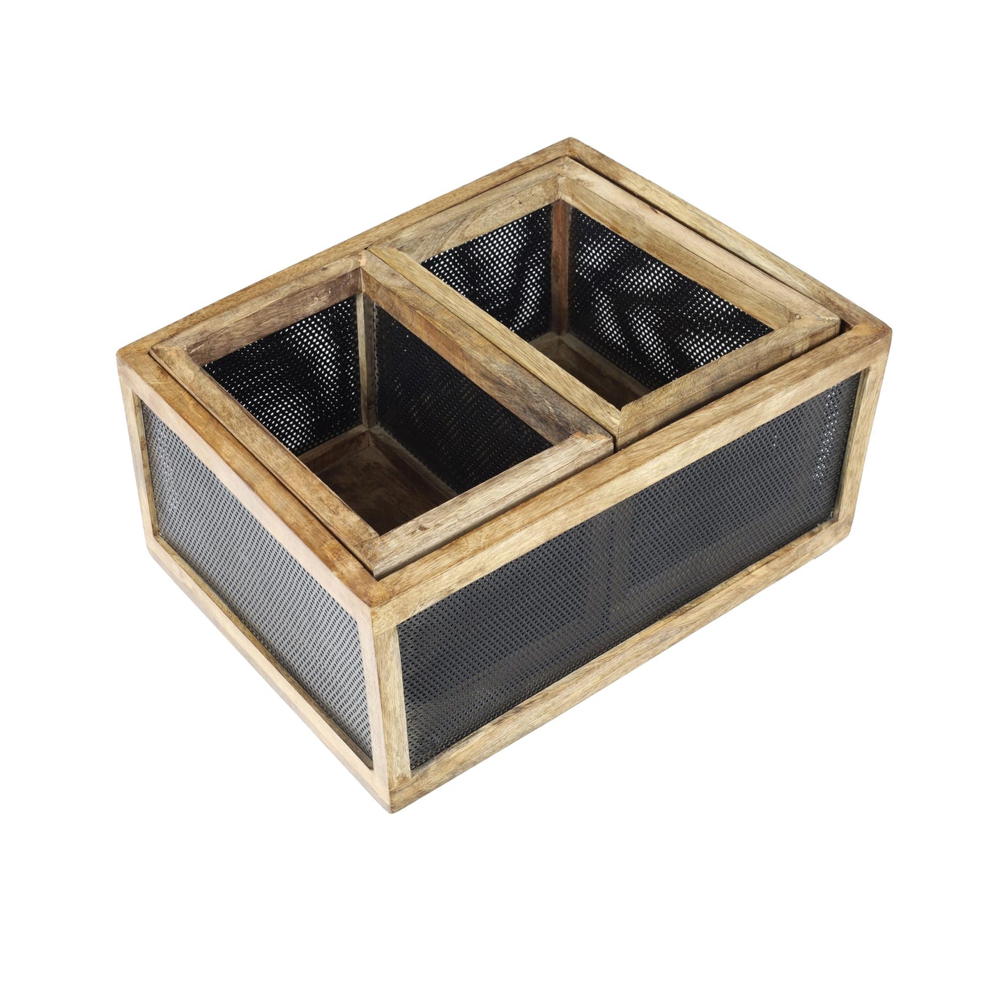 happimess BSK3005B-3SET Fallon Modern Minimalist Wooden Metal Nesting Storage Baskets for Shelves, Cabinets, Pantry, Countertop, Mesh Open Bin Basket for Organizing Supplies, Black/Natural (Set of 3)