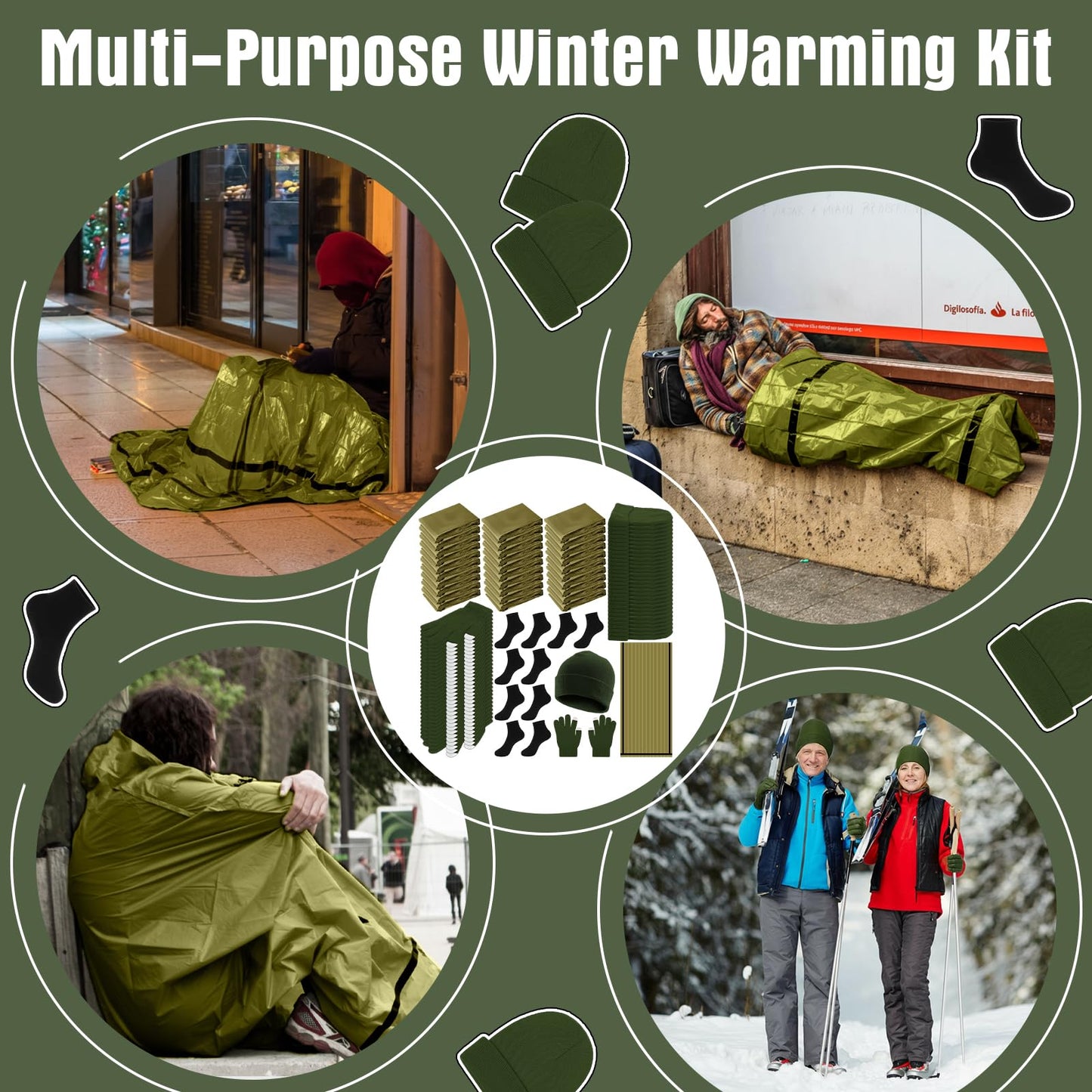Chicingyou 120 Pcs Homeless Care Package Supplies Bulk Winter Emergency Thermal Blankets Warmer Beanie Socks Touchscreen Gloves for Men Women Cold Weather Outdoor Survival Kits (Green,Black)