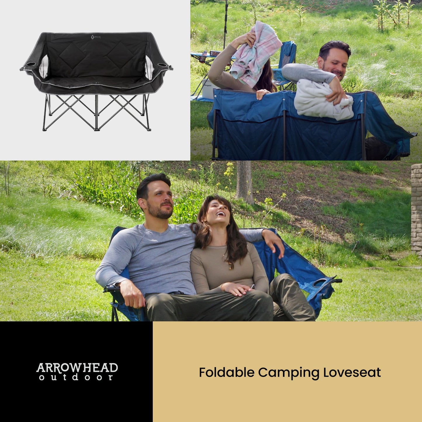 ARROWHEAD OUTDOOR 2-Pack Portable Folding Double Duo Camping Chair Loveseat w/ 2 Cup & Wine Glass Holder, Carrying Bag, Supports up to 650lbs