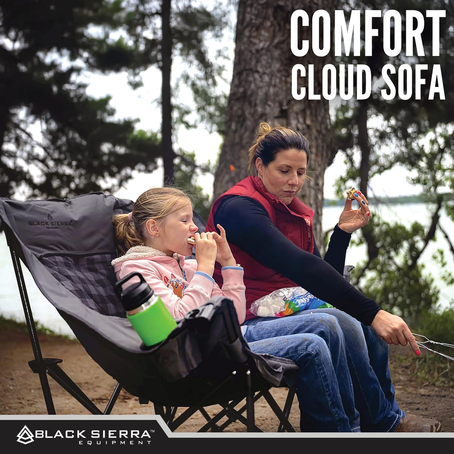 Black Sierra Double Loveseat Comfort Camping Couch, Oversized Folding Chair for Adults, 600‑lb Capacity, Plush Padded Heavy Duty Outdoor Seat with Cup Holders & Carry Bag for Beach, RV