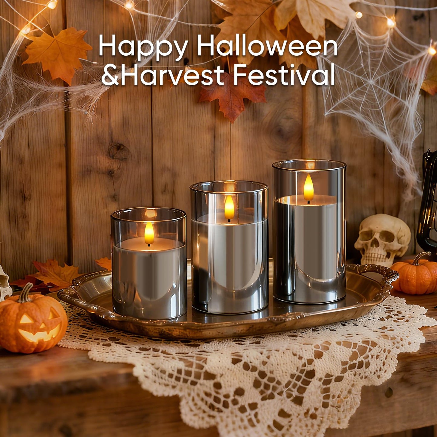 5plots Glass Battery Operated Grey Flameless Candles with Remote Timer, 3D Wick Real Wax Pillar Led Candles Warm Flickering Light for Indoor Home, Halloween, Christmas Decor D3 x H4 5" 6"